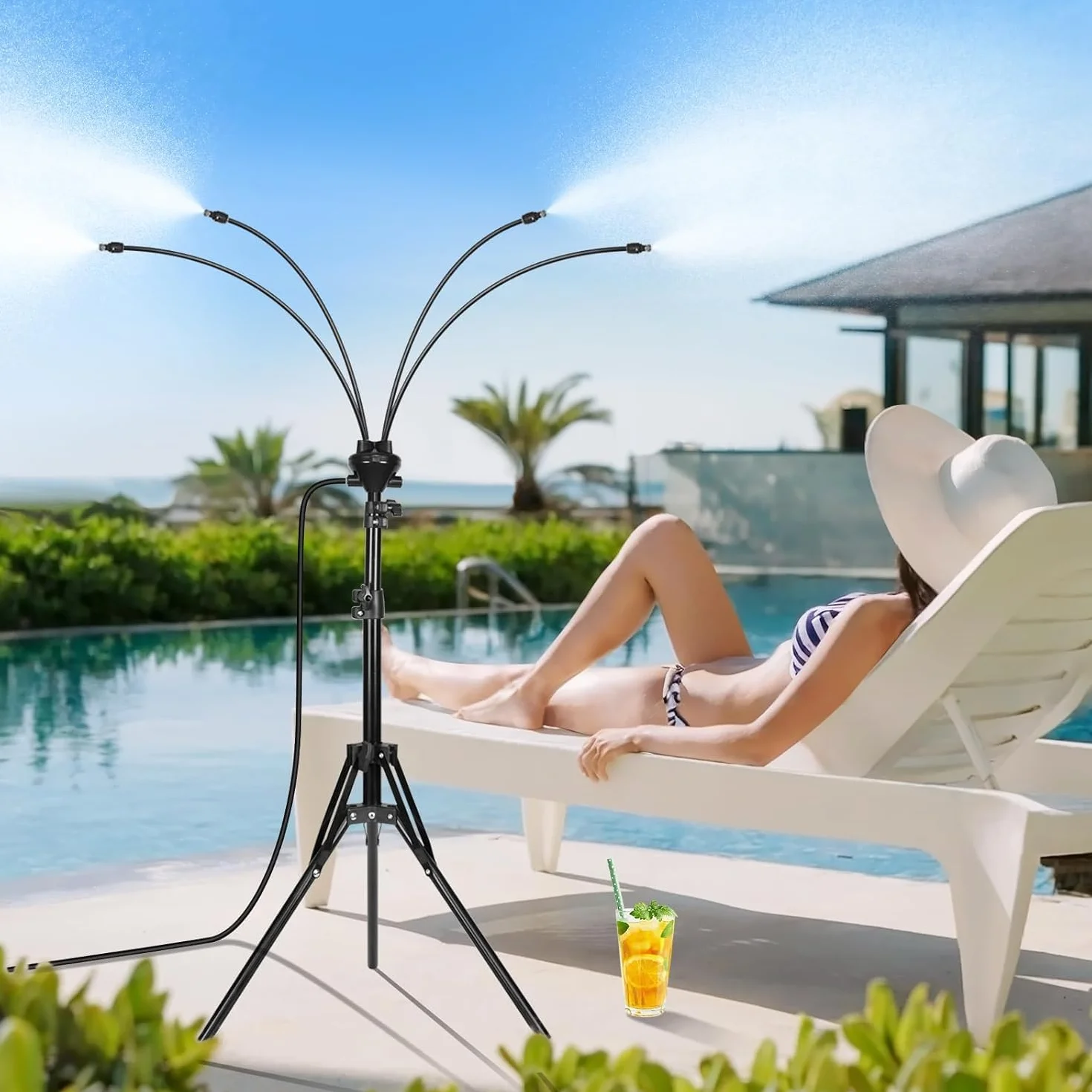 Brumisateur Extérieur Trépied Stable Hauteur Réglable 103-160cm Tuyau 8m Système Rafraîchissement Terrasse Jardin