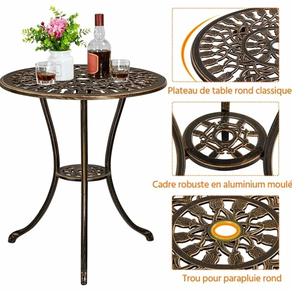 Yaheetech Ensemble Table et Chaises Salon de Jardin Balcon Kit Bistro 2 Chaises 1 Table Aluminium Bronze