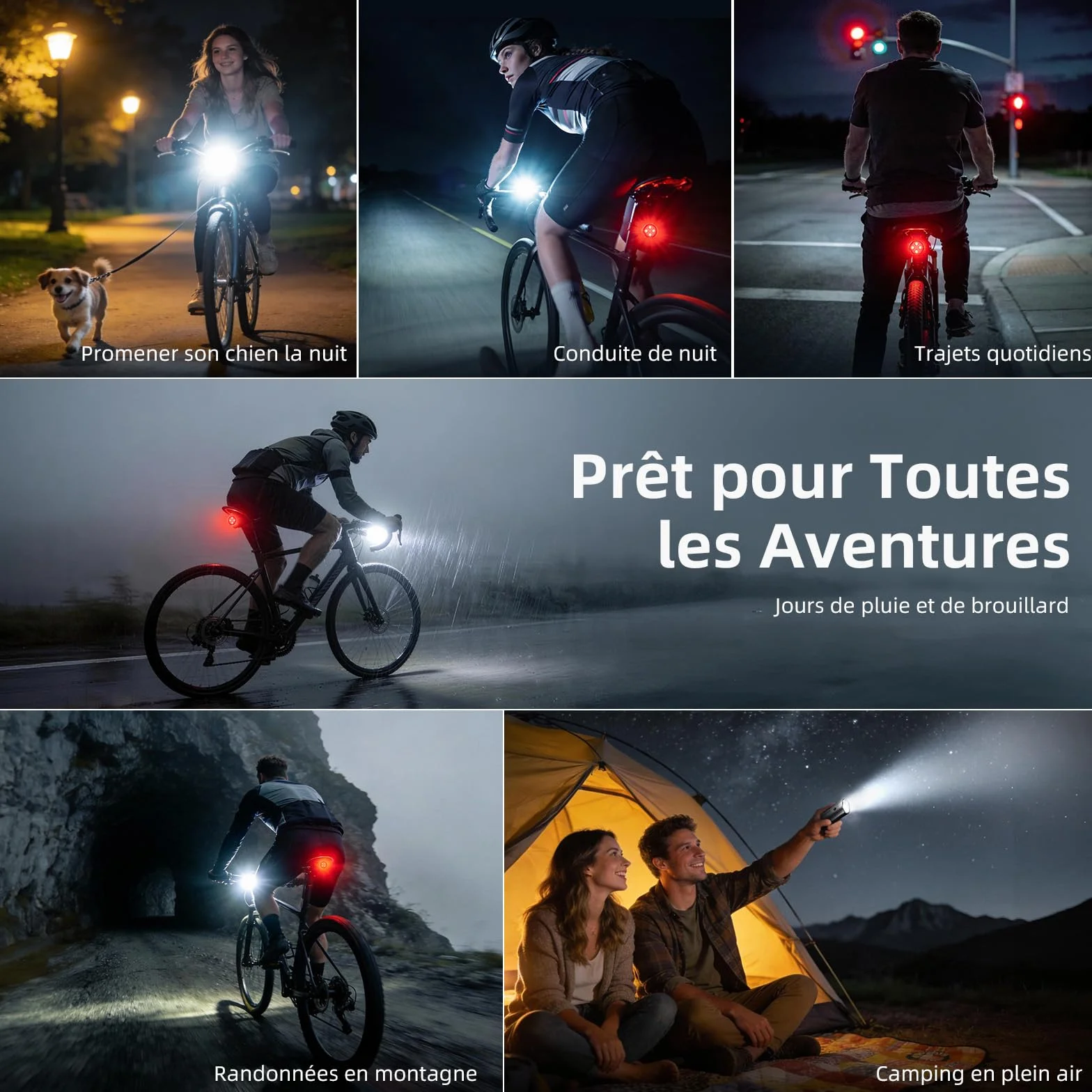 Kit Éclairage Vélo USB Rechargeable, Lampe Avant 700 Lumens, Feu Arrière 280 Lumens, IPX4 Résistant à l’Eau, 5+4 Modes, Support Rotatif 360° pour Vélo Route et VTT