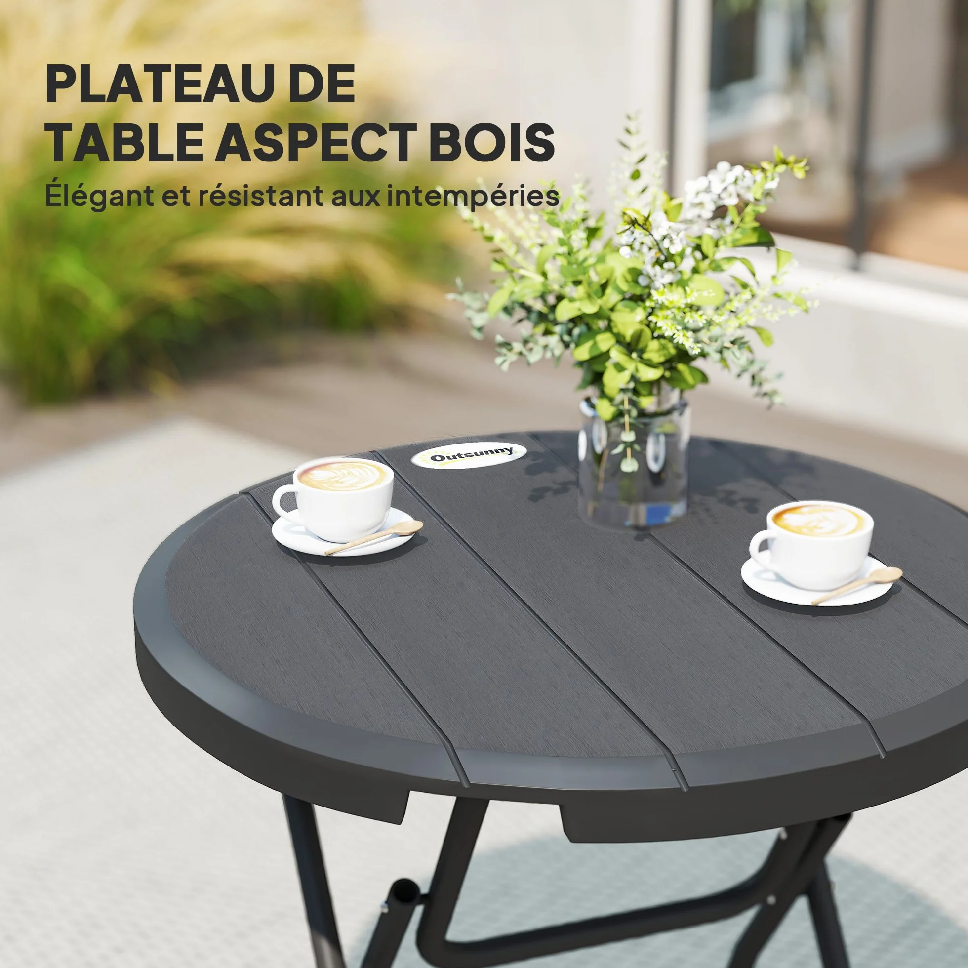 Outsunny Table Ronde Jardin 4 Personnes HDPE Acier Ø 80 x 73 cm Gris foncé