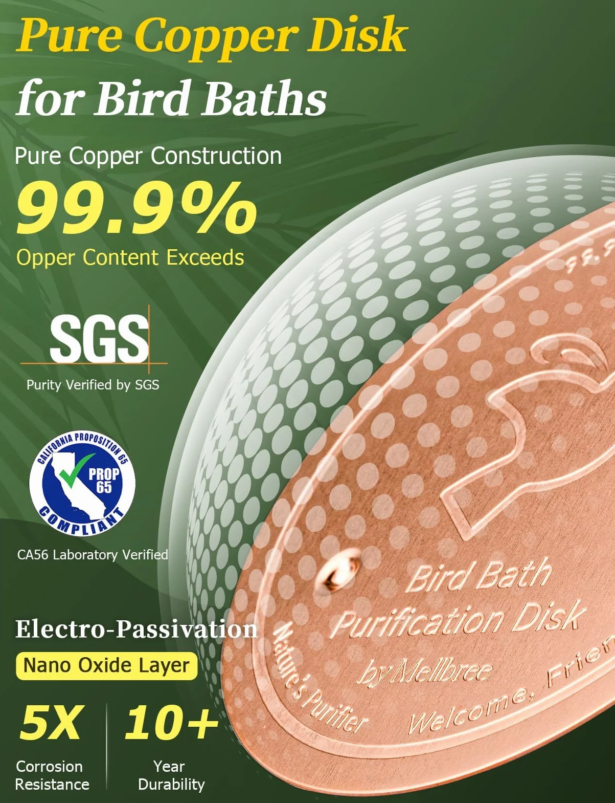Mellbree Lot de 4 disques nettoyants pour bain d'oiseaux en cuivre pur 99,99 % 0,6 mm autonettoyants prévention des algues