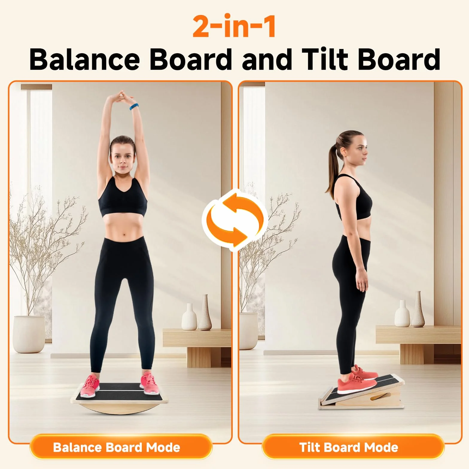 Planche d'Équilibre et d'Étirement 2-en-1 en Bois – 4 Angles Réglables, Pliable, avec Tapis Antidérapant, pour Mollets, Équilibre & Gainage, Maison & Bureau