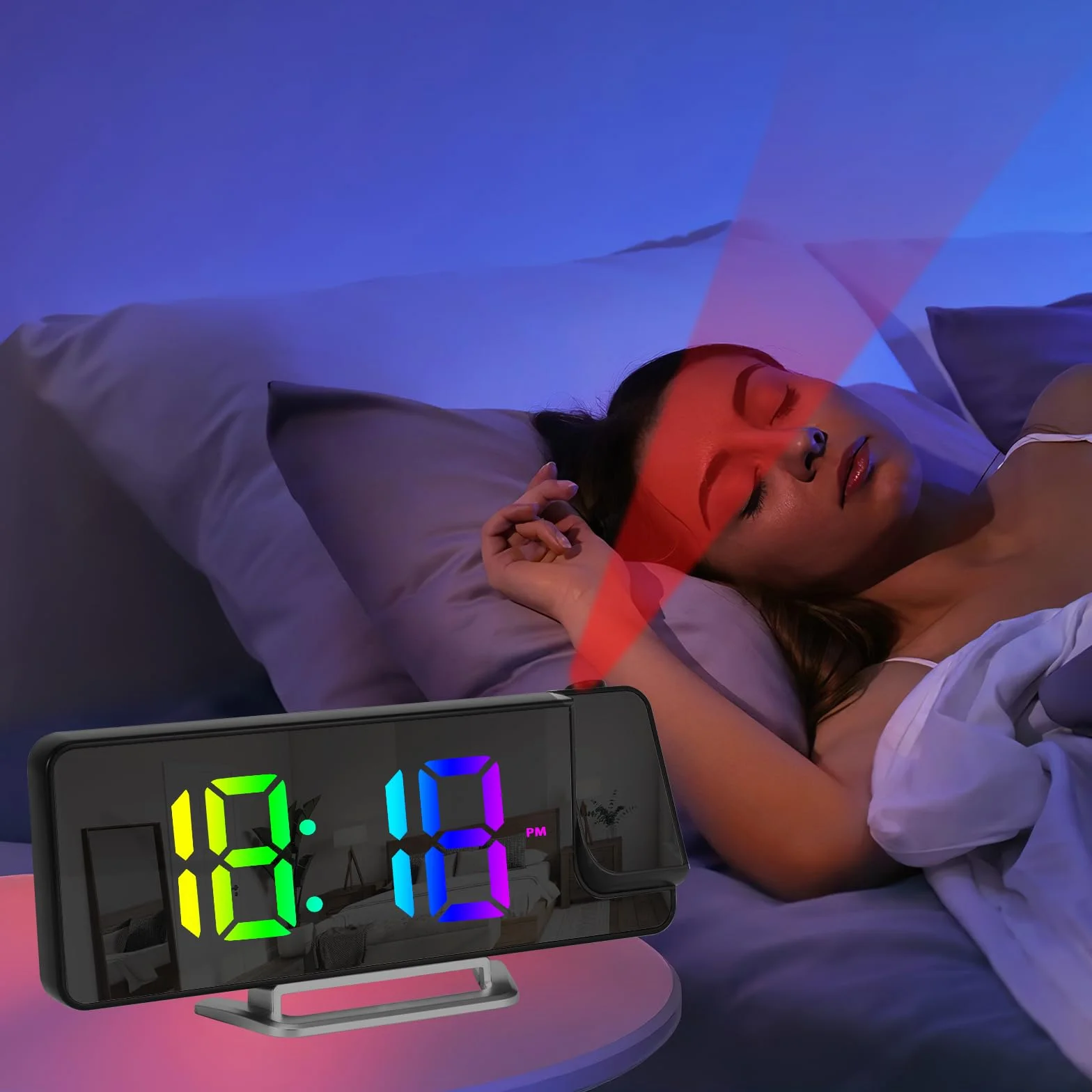 Réveil Projecteur LED 8,1" RGB, Projection Rotative 180°, Double Alarme 12/24H, Recharge USB