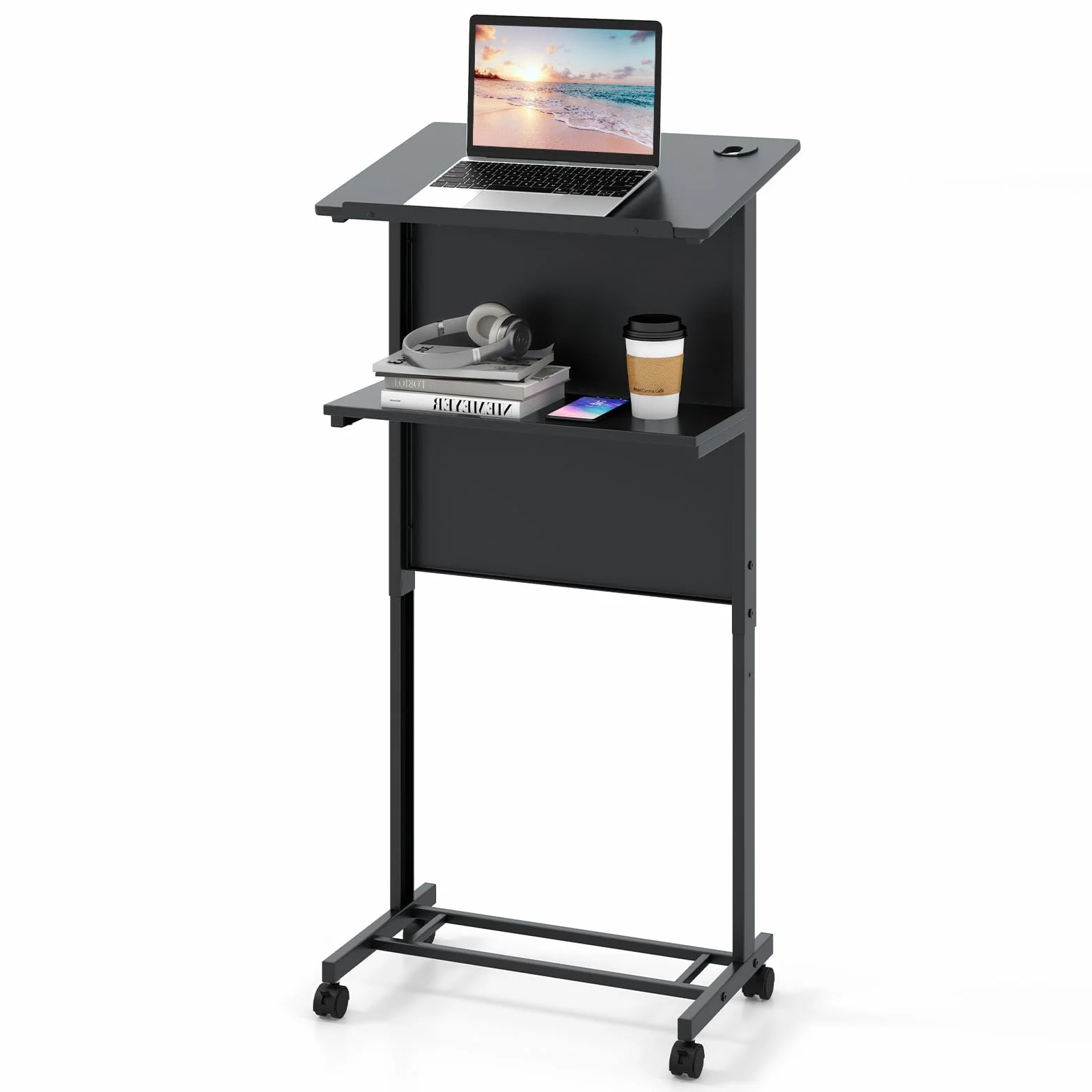 FANTASK Pupitre à roulettes réglable en hauteur avec plateau incliné, Table pour ordinateur portable, Noir