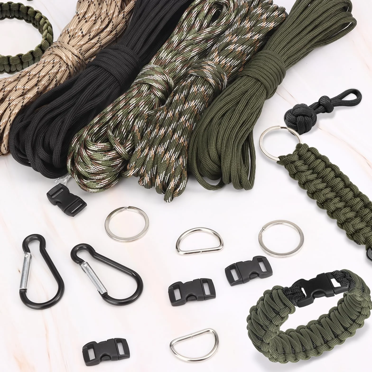 Kit Paracorde Bracelet 15 Pièces, Nylon 4mm x 10 m avec Boucles Mousquetons Porte-clés Anneaux en D pour DIY Plein Air