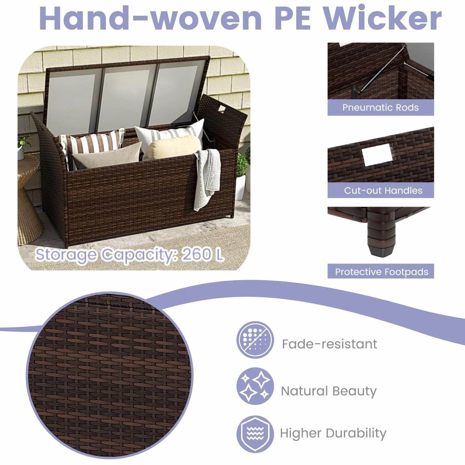 LIFEZEAL Banc Coffre de Rangement en Rotin PE 260 L avec Coussin Amovible et Poignées Latérales