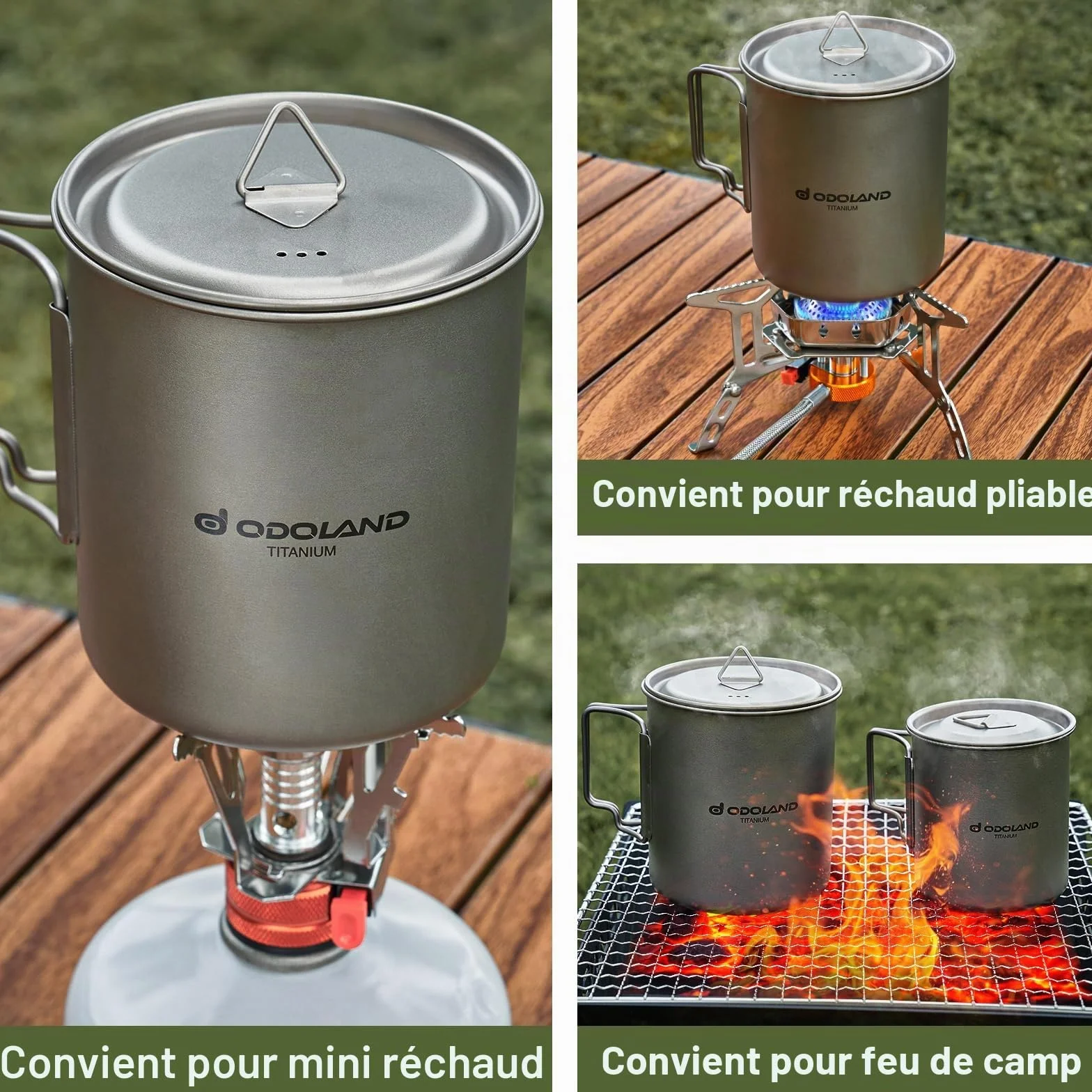 Odoland Pot en Titane 420ml Ultraléger Portable Tasse à Eau en Titane, Tasse de Camping avec Couvercle et Spork pour Camping, Randonnée, Voyage et Trekking