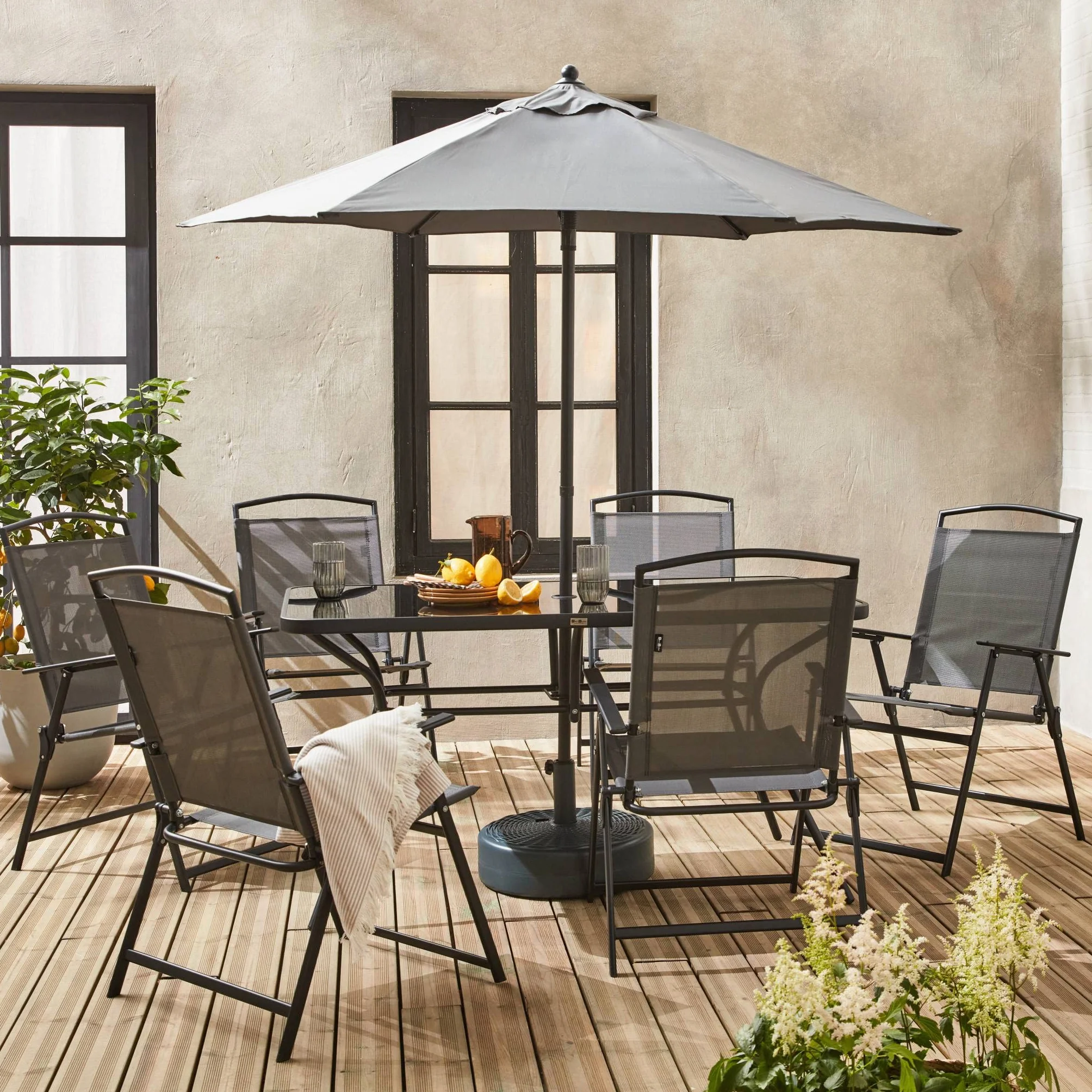 Alice's Garden Table de Jardin Acier Parasol 6 Assises Anthracite Anti Rouille