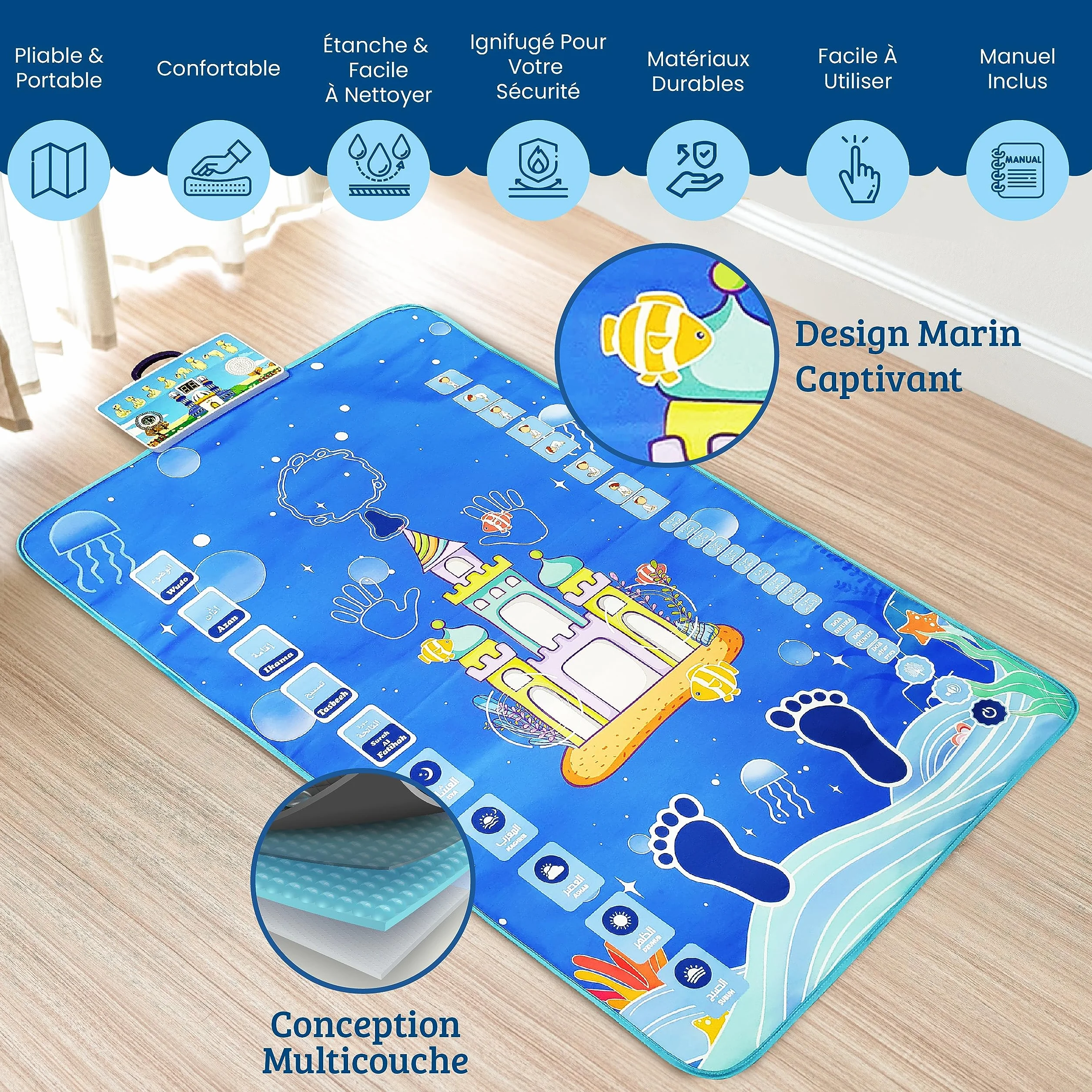 Tapis de Prière Musulman Électronique Interactif pour Enfant avec Récitation de Sourates du Coran et Doua - Chapelet Tasbih Inclus