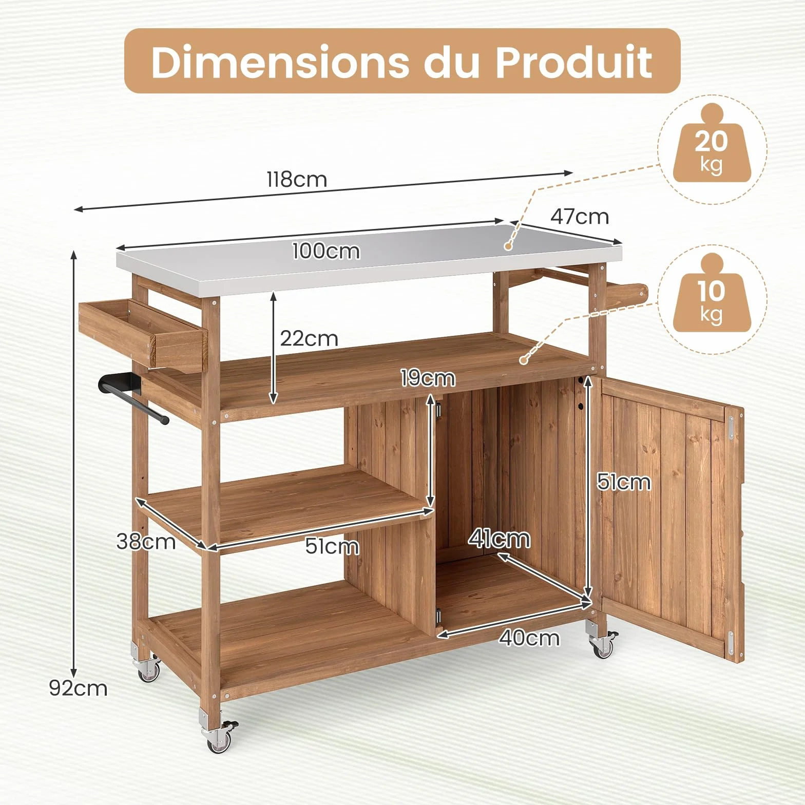 COSTWAY Chariot d'Extérieur en Bois avec Rangement, Meuble de Préparation BBQ avec Plateau 3 Étagères Ouvertes & Armoire