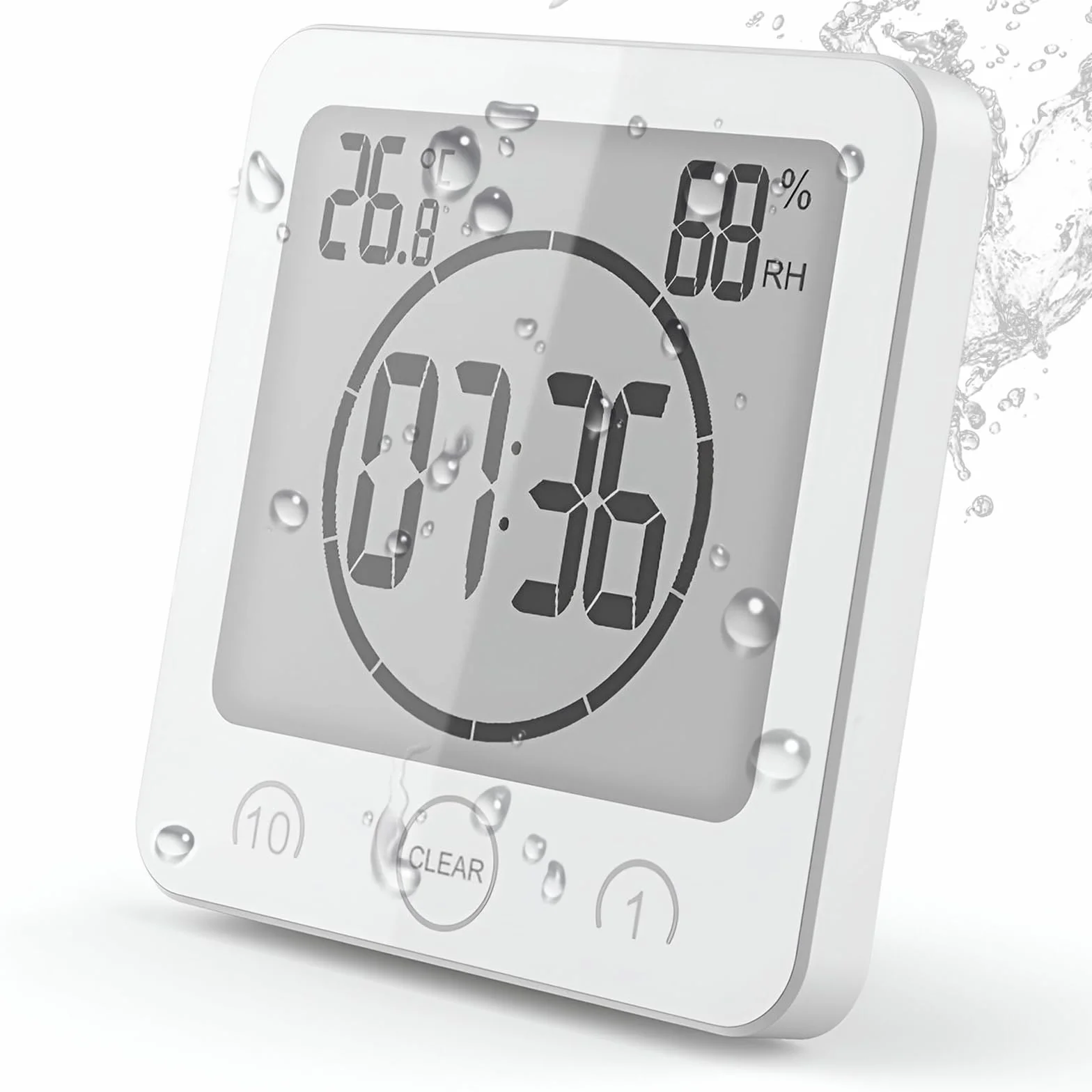 Horloge de salle de bain numérique à ventouse avec écran LCD, affichage humidité température, minuteur, blanc