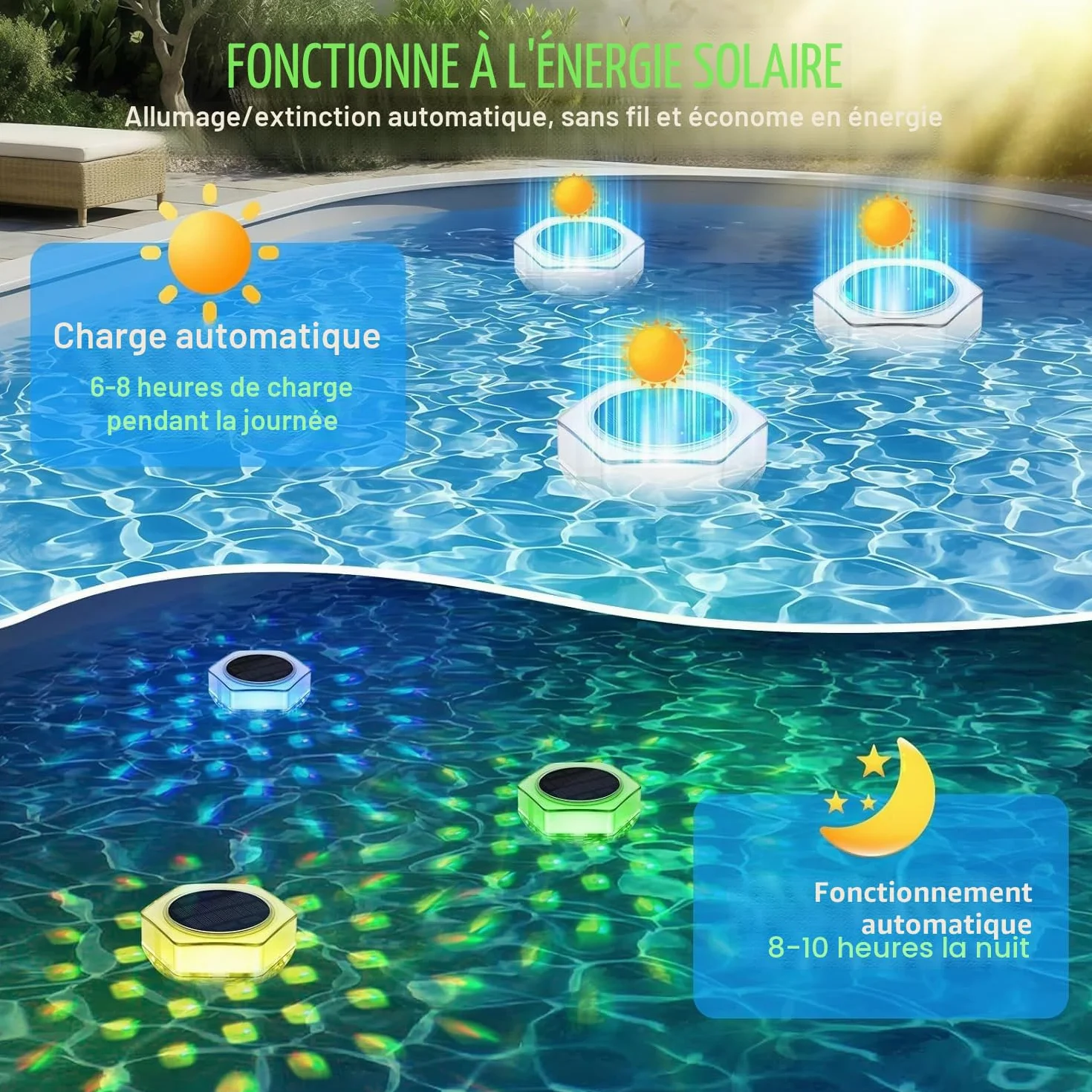 Lumiere Piscine Flottante Solaire 2 Pièces IP68 Étanche RGB 7 Couleurs avec Télécommande