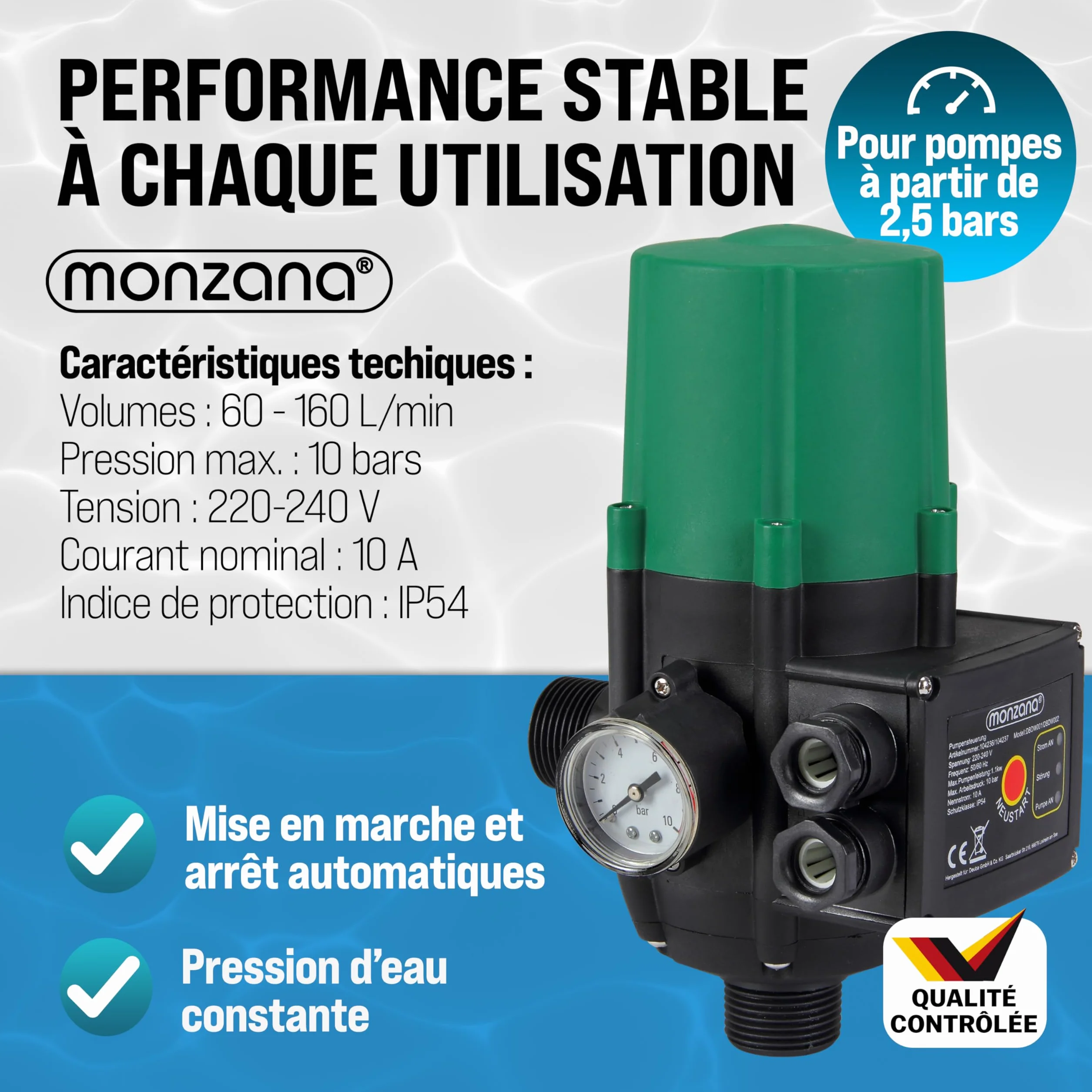 MONZANA Pressostat pompe eau 10 bar protection fonctionnement à sec manomètre interrupteur pression