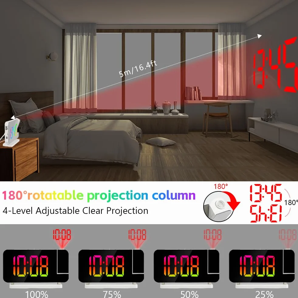 Réveil à Projection LED avec Charge USB, Rotation 180°, 11 Couleurs RVB & 10 Couleurs Veilleuse pour Chambre, Bureau (Blanc)
