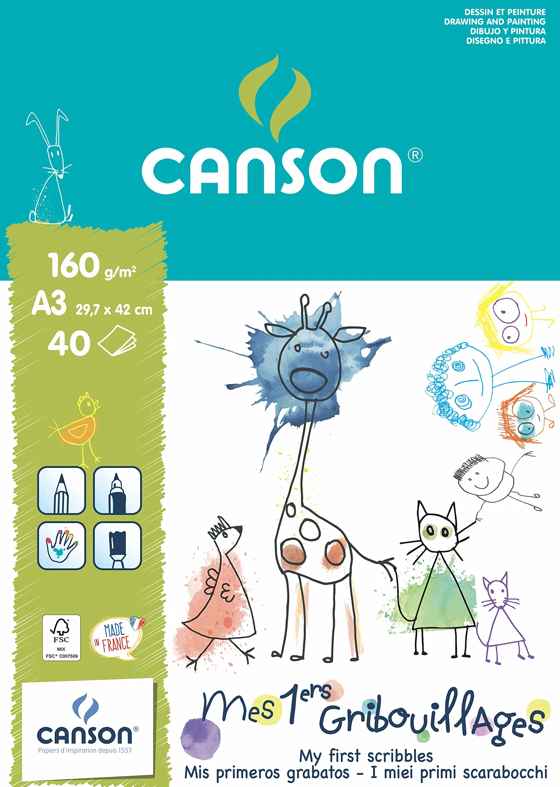 CANSON Mes Premiers Gribouillages Bloc A3 40 feuilles 160g/m²