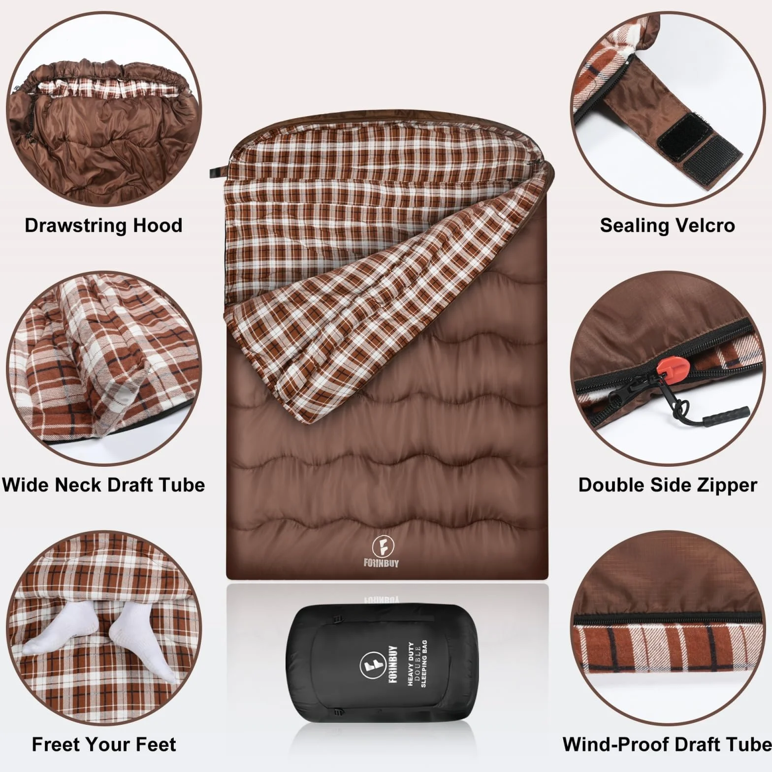 Sac de Couchage Double 2 Personnes Hiver - Flanelle de Coton 100%, Chaud et Imperméable pour Adulte, Camping Voyage Extérieur Maison