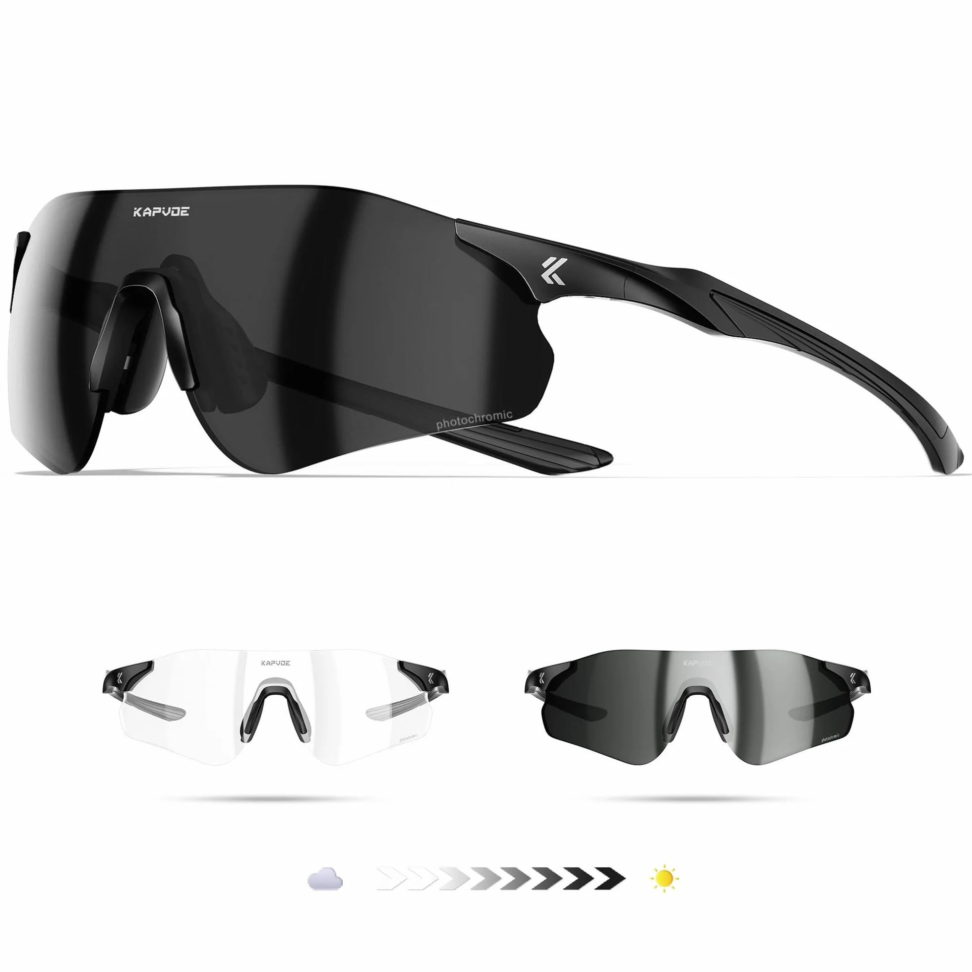 KAPVOE Lunettes de Soleil Sport Photochromiques Homme Femme, Lunettes UV400 22g Ultra Légères avec Plaquette de Nez en Silicone Réglable, Running Cyclisme Baseball Conduite K108