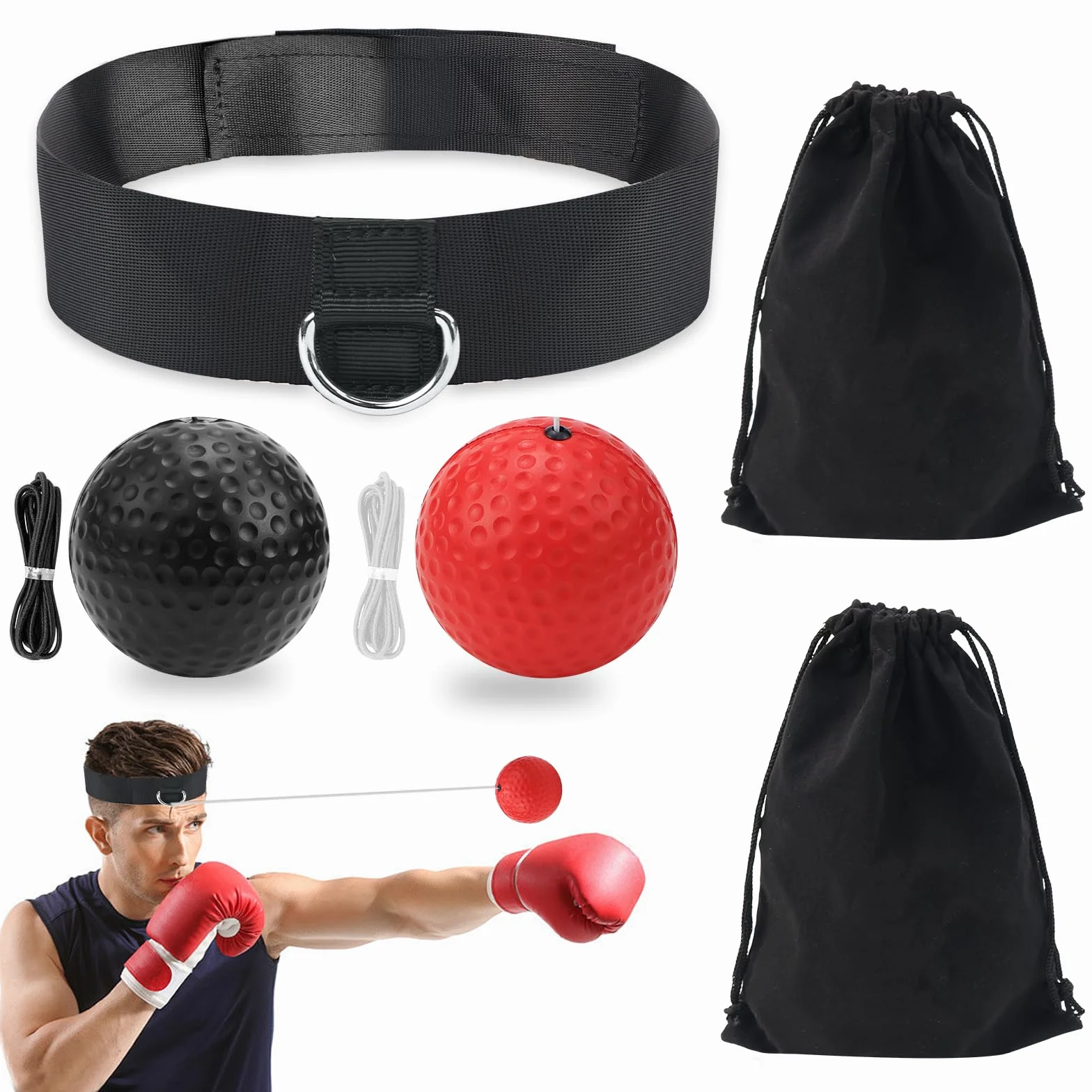 Lot de 2 balles de boxe réflexes avec bandeau, appareil d'entraînement pour la réaction et l'agilité