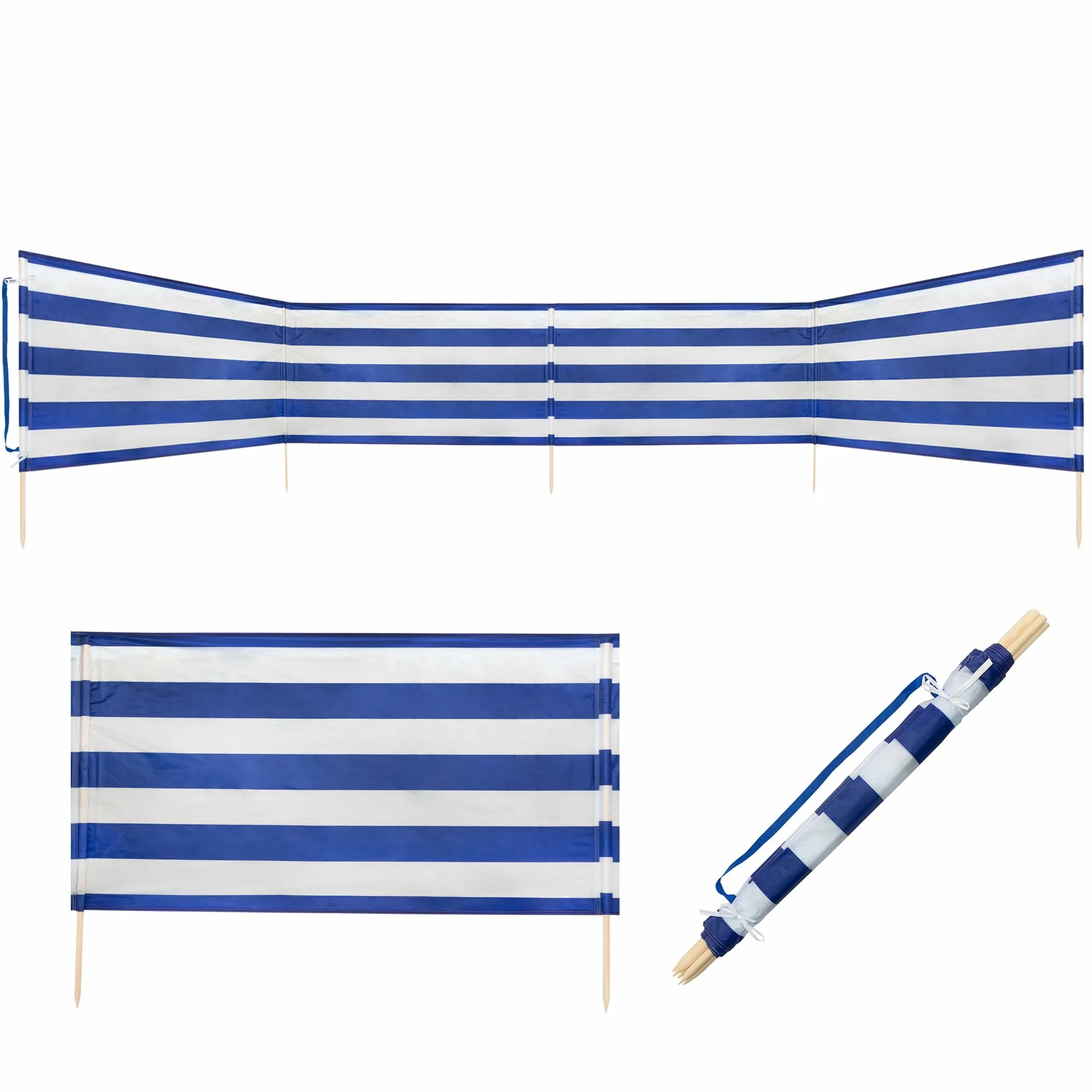 Idena - Pare-vent bleu et blanc avec barres en bois, sangle de transport et sangles de fixation, 80 x 600 cm ou 80 x 800 cm, brise-vue pour la plage, le camping et le jardin