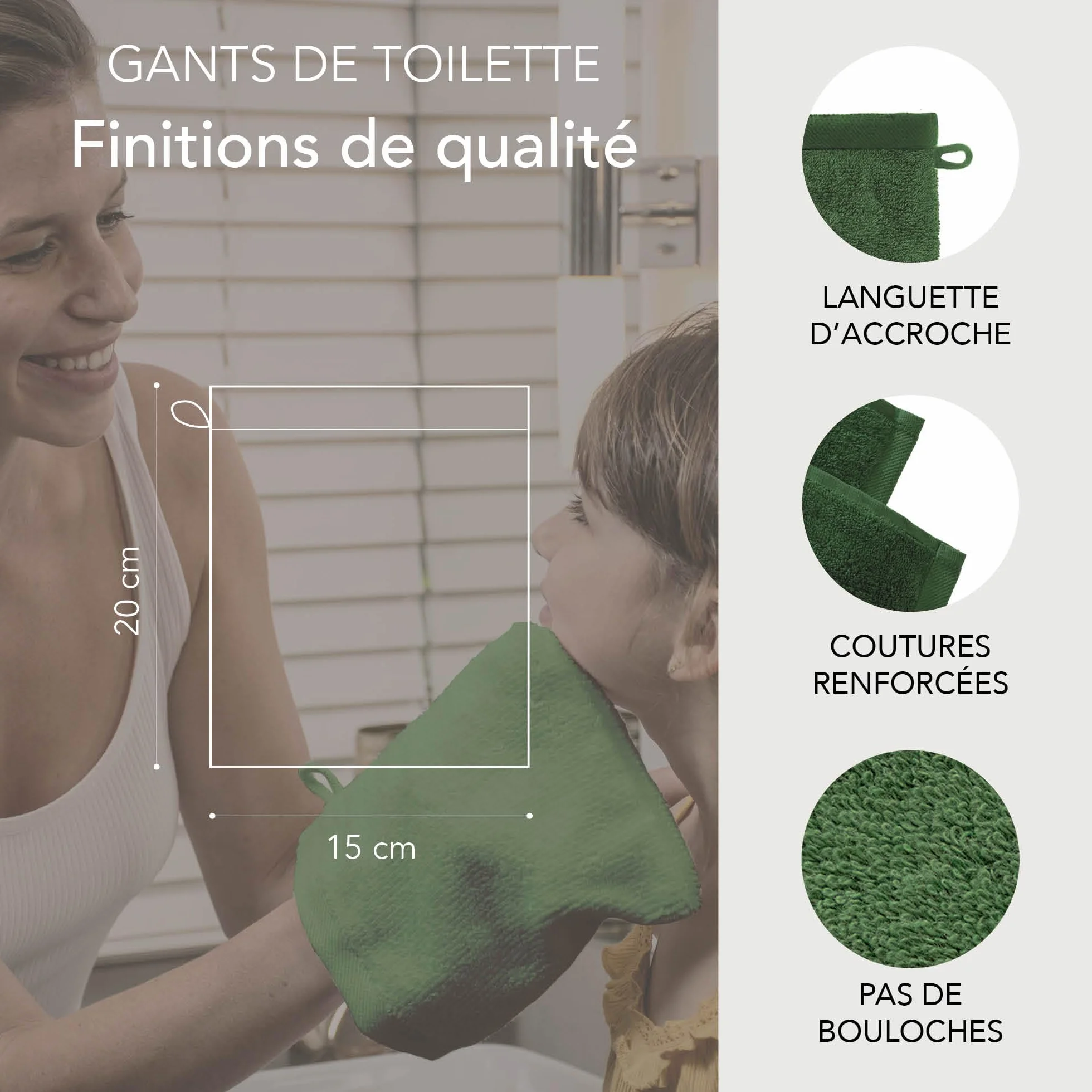 Gants de Toilette 15x20 cm Vert Sapin Coton 500 g/m² Oeko TEX Lot de 10