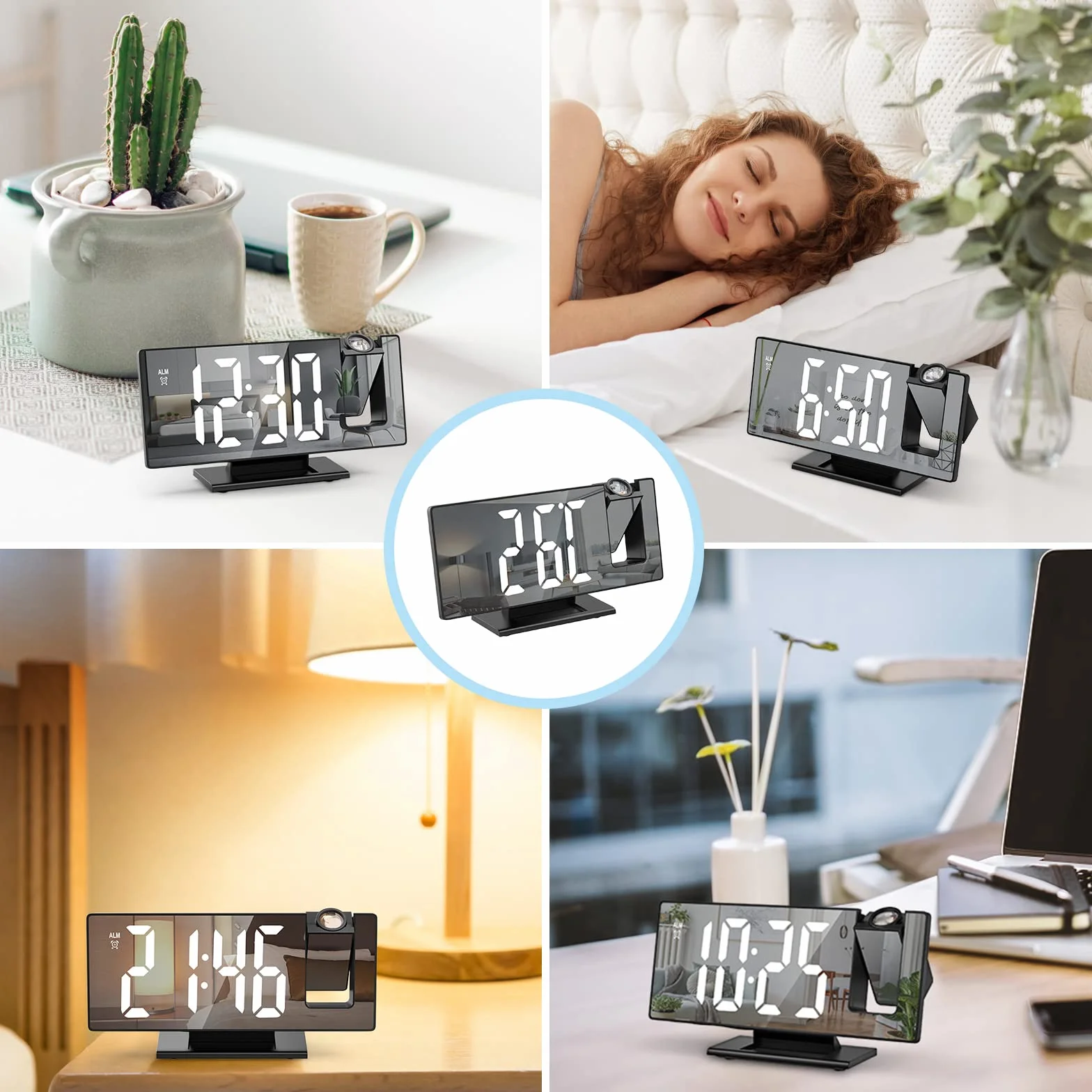 Réveil Projecteur Plafond LED Miroir Horloge Digitale Projection 180° USB