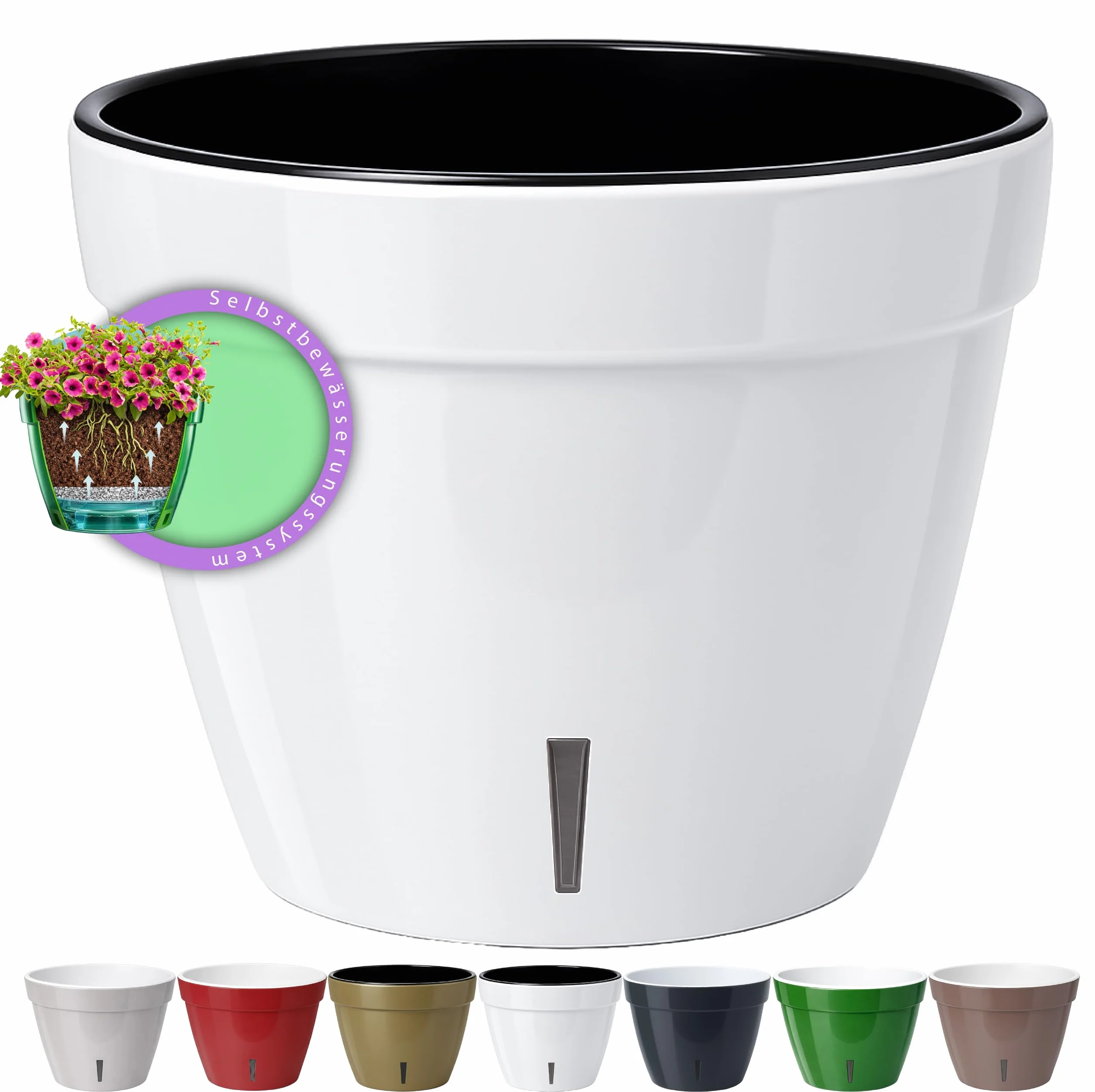 Santino ASTI Pot de Fleurs à Arrosage Automatique 18 cm Auto-Arrosant Indicateur de Niveau d'eau Blanc/Noir