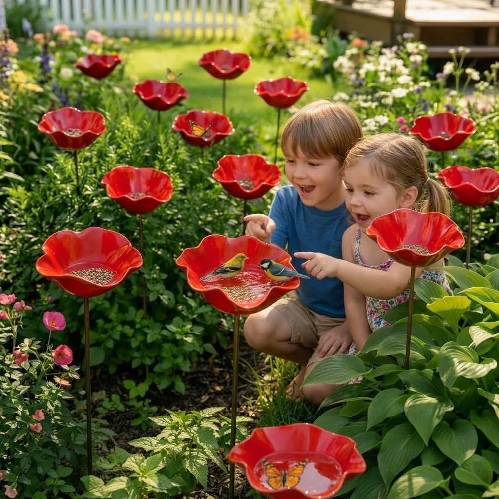 Bain d'oiseaux Extérieur en Forme de Fleur avec Socle et Piquet métallique pour Oiseaux et Abeilles