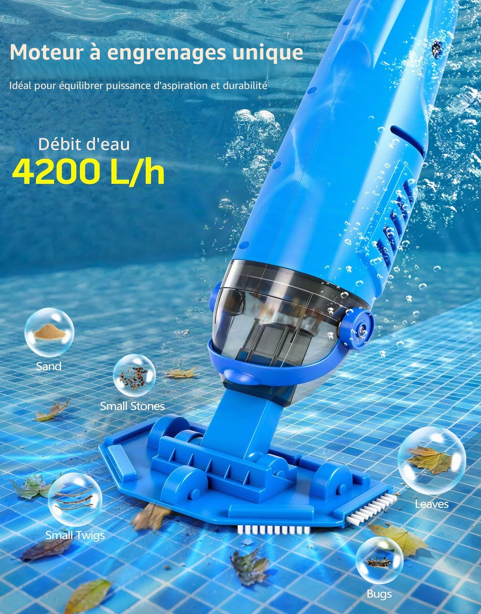 LanBlu Aspirateur Piscine Sans Fil 2.5m 4200L/H Manuel avec Tige Télescopique 4 Filtre