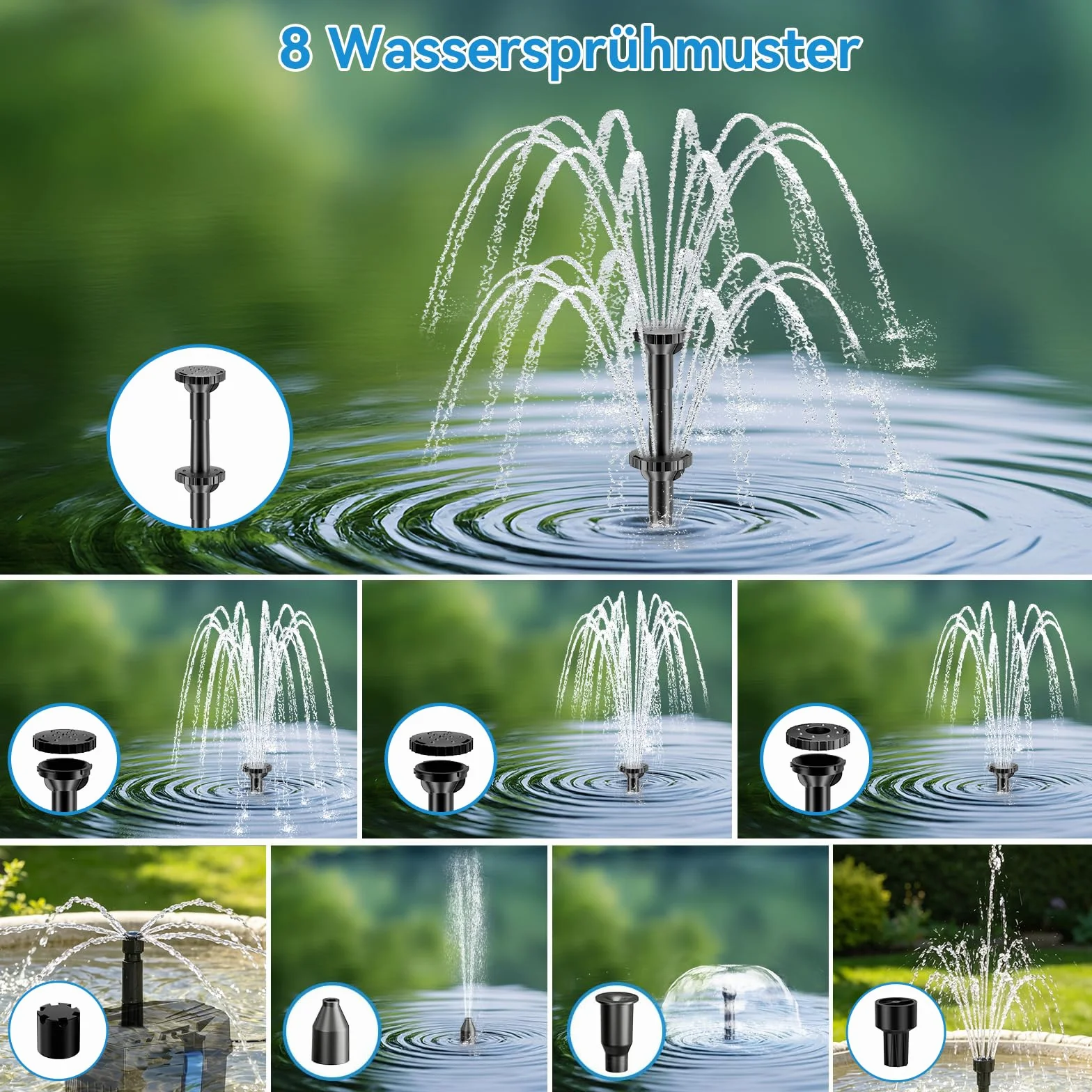 POPOSOAP Fontaine Solaire 8W avec Batterie 3000mAh Filtre Bassin - 8 Modes Pulvérisation Tuyau 1.5m pour Étangs Extérieurs