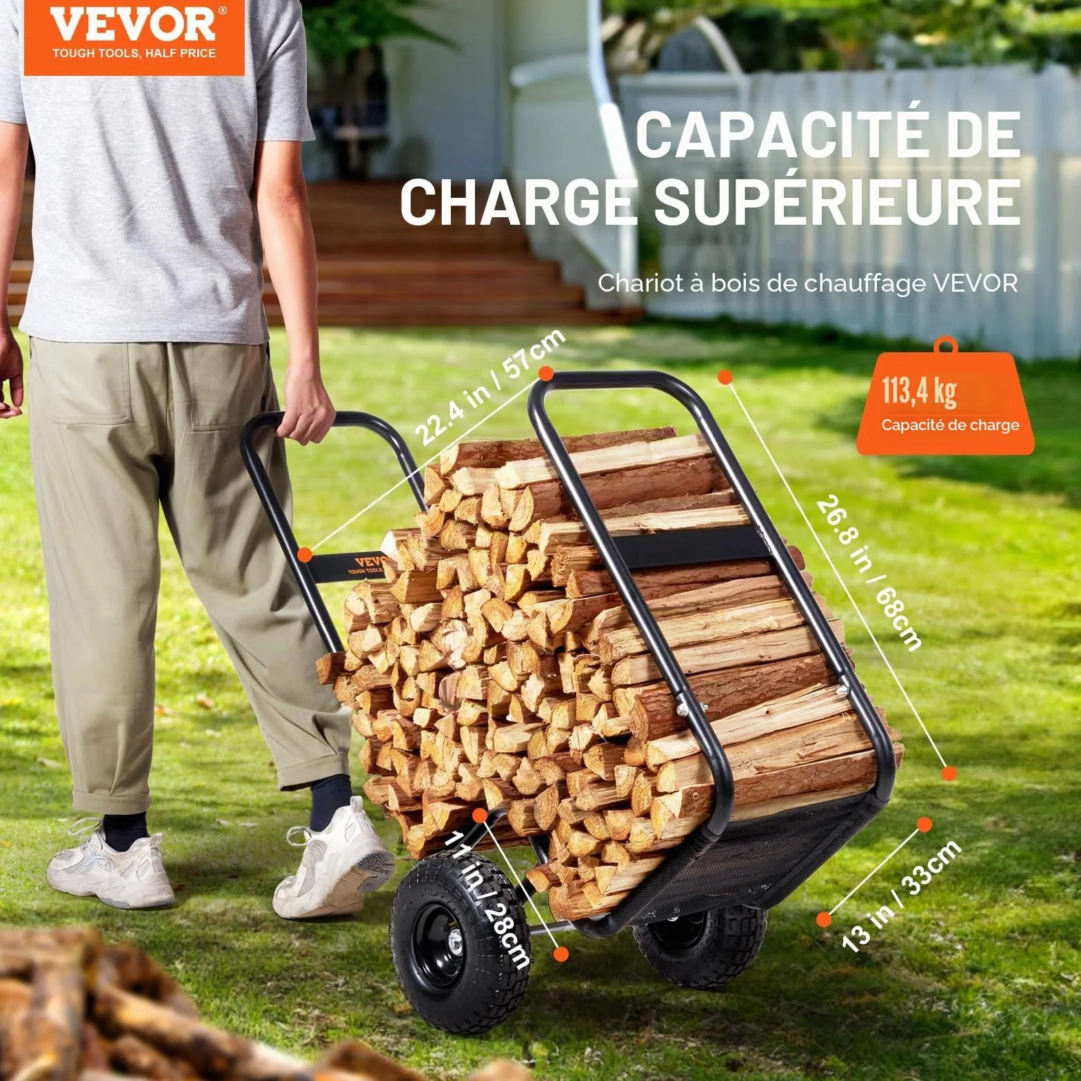 VEVOR Chariot Transport Bois de Chauffage 113,4 kg Acier 67x52x110 cm Roues Gonflables Caoutchouc Noir