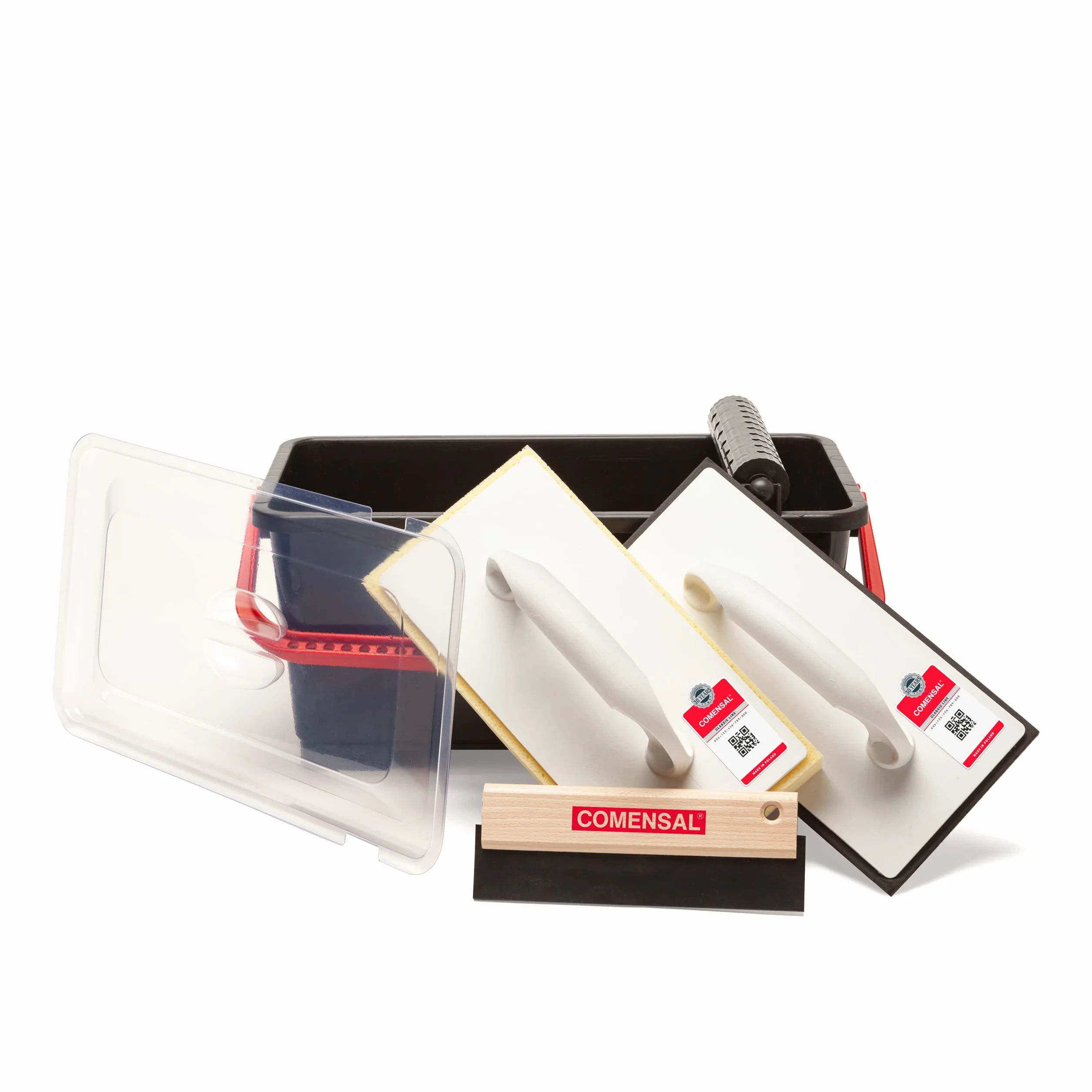 COMENSAL Kit Joint Carrelage - 7 pièces - M - 12L - Kit d'outils de Pose de Carrelage - Eponge HYDRO - Taloche en Caoutchouc - Rouleau Perforé - Made in EU