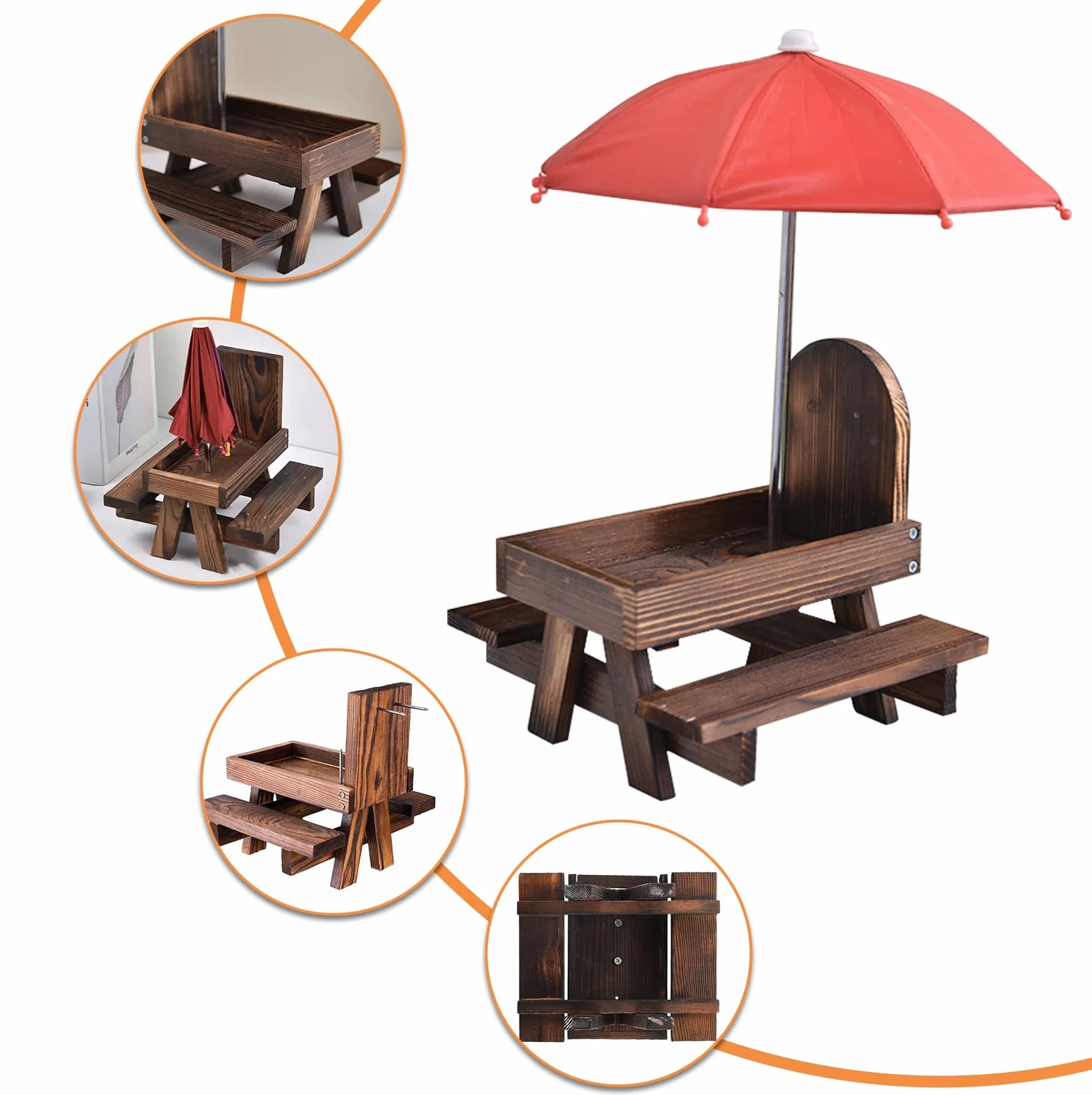 Mangeoire pour écureuils avec parapluie, table de pique-nique en bois, station d'alimentation résistante aux intempéries
