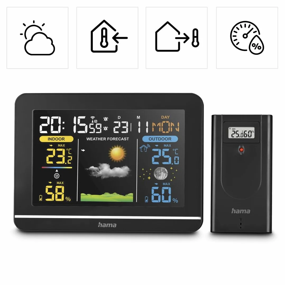 Hama Station météo avec capteur extérieur thermomètre hygromètre alarme gel prévisions horloge radio-pilotée DCF