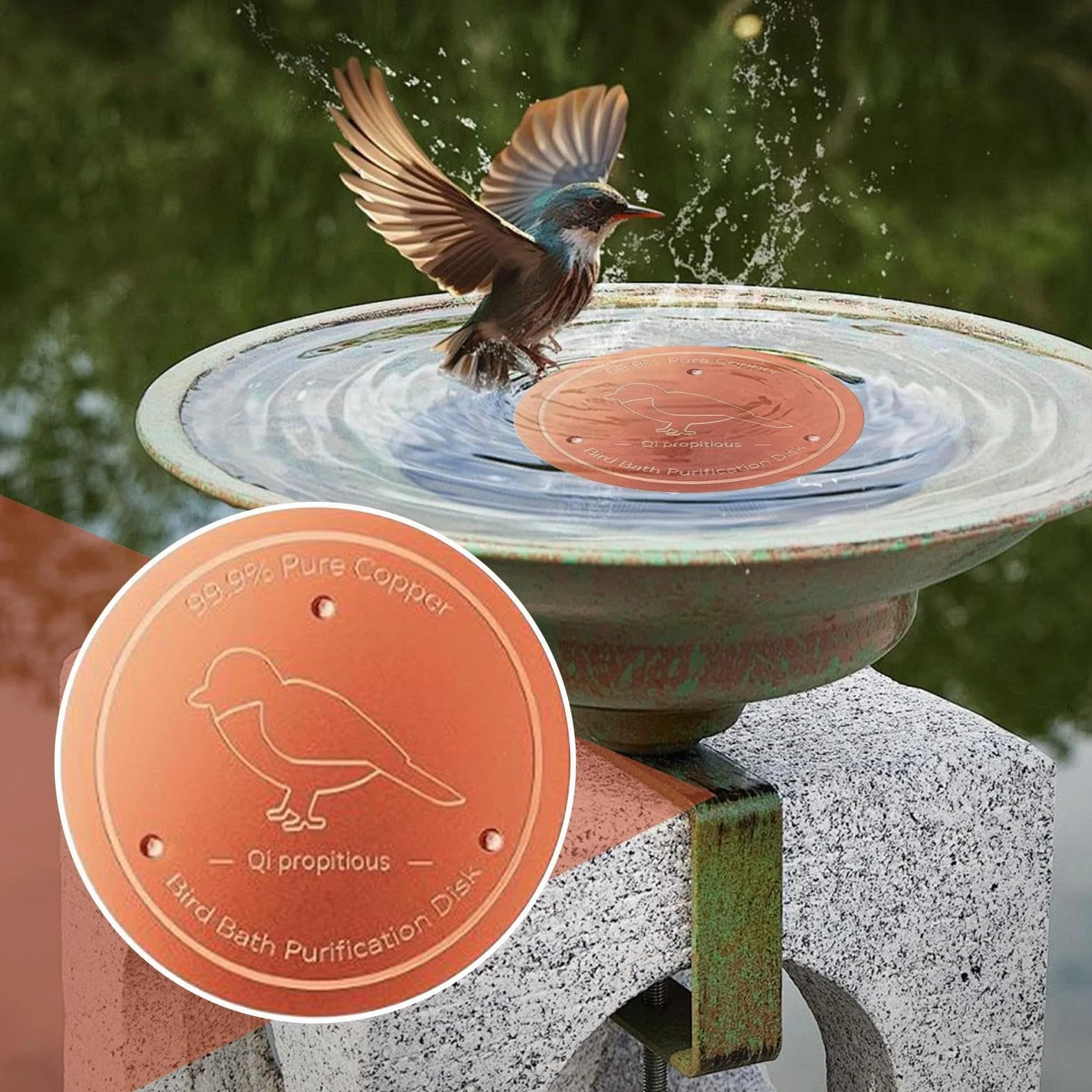 Disque de purification en cuivre pour bain d'oiseaux avec support à trois points – Purificateur d'eau pour jardin