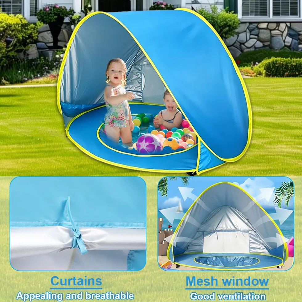 Tente Anti UV Bébé, Tente de Plage Bébé Pop-Up avec Détachable Piscine, Tente de Plage pour Bebe, UPF 50+, Facile à Installer, Portable pour Jardin, Camping Extérieur