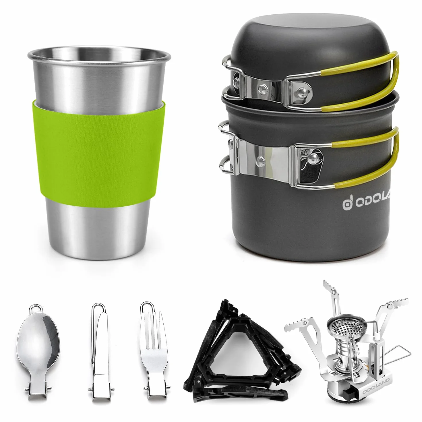 Odoland Kit de Casseroles Camping, 10PCS Ustensiles de Cuisine de Camping en Aluminium Durable, Camping Ustensiles Complets avec Réchaud de Camping Portable Ultraléger pour Camping, Randonnée, Pêche