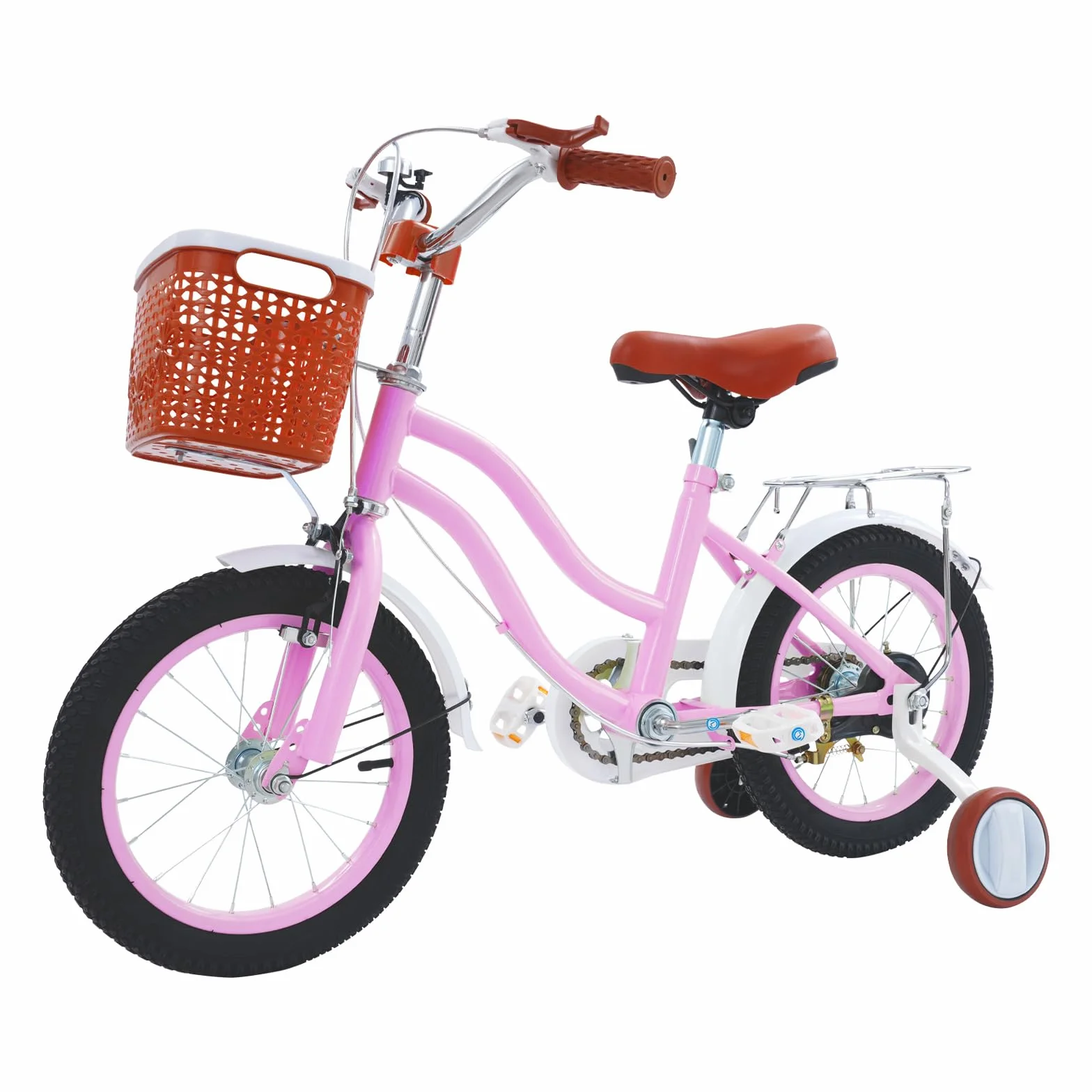 Vélo enfant de 14 pouces, avec roues stabilisatrices et panier en rose, pour garçons et filles de 3 à 7 ans, siège réglable en hauteur, système de freinage double, idéal pour l'entraînement au