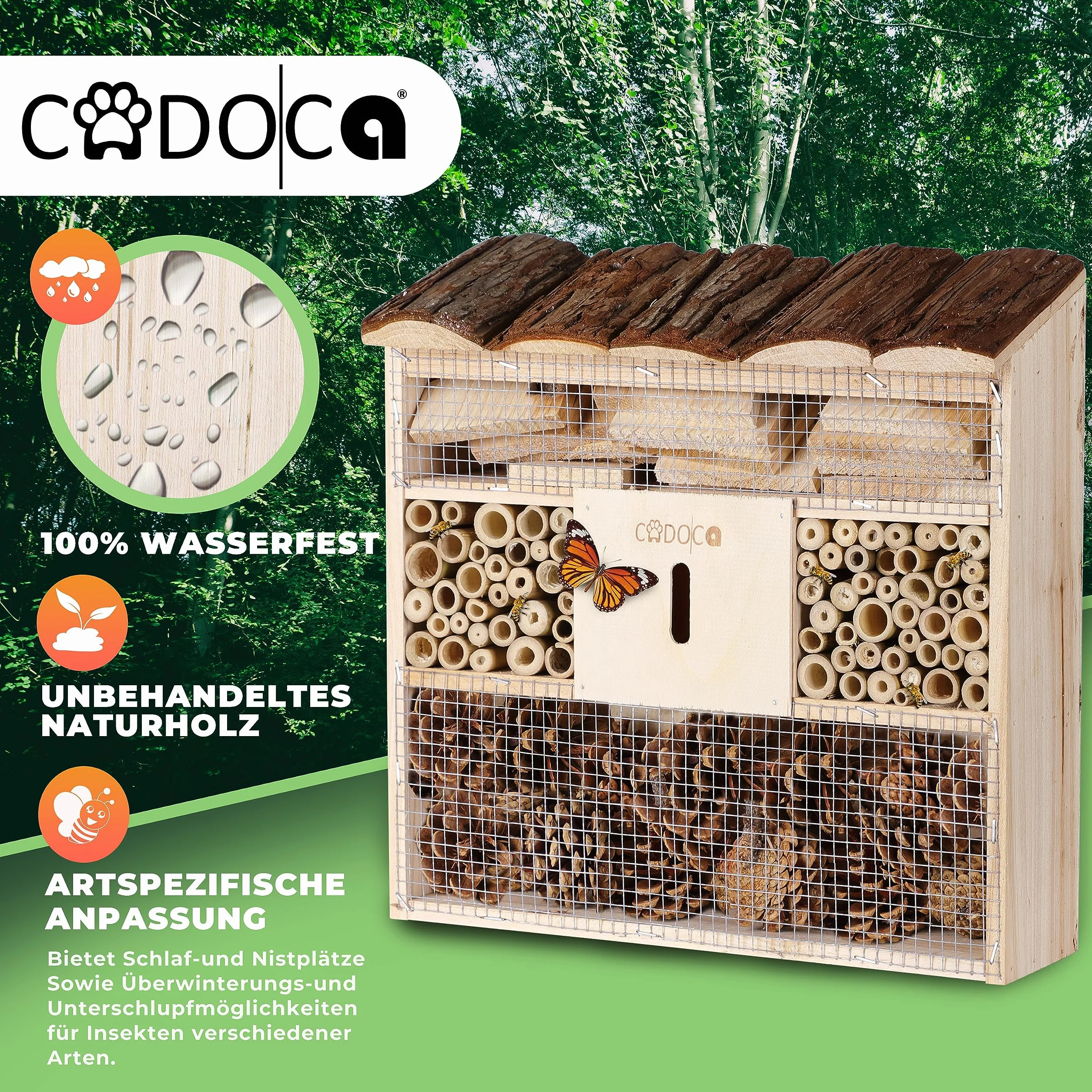 CADOCA® 2X Hôtel à Insectes en Bois Naturel 30,5x31 cm Nichoir à Abeilles Hivernage Pollinisation