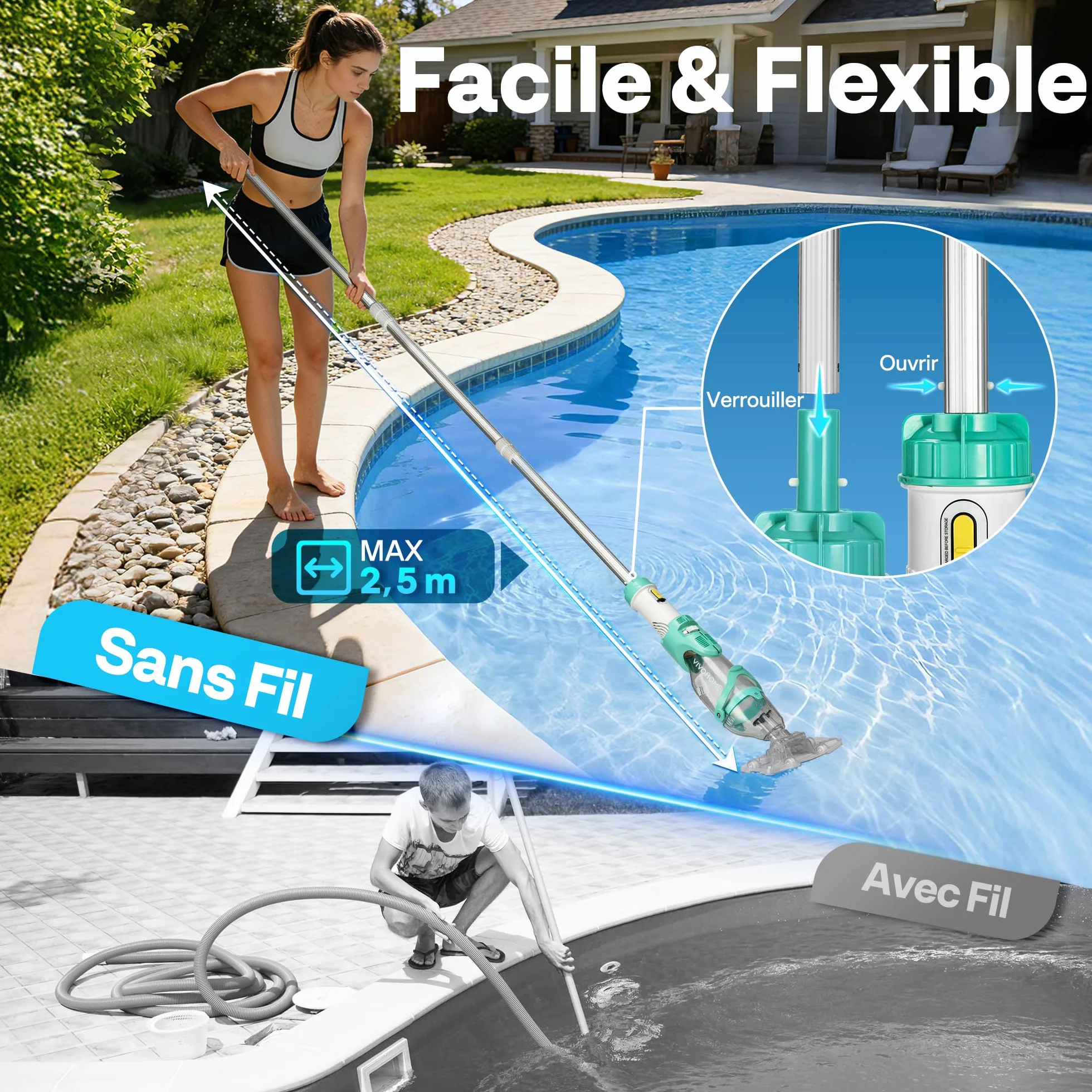 VIVOHOME Aspirateur de Piscine sans Fil 72LPM avec Batterie, Nettoyeur Portable 4 Sacs Filtrants 2,6L, Perche Télescopique 250cm