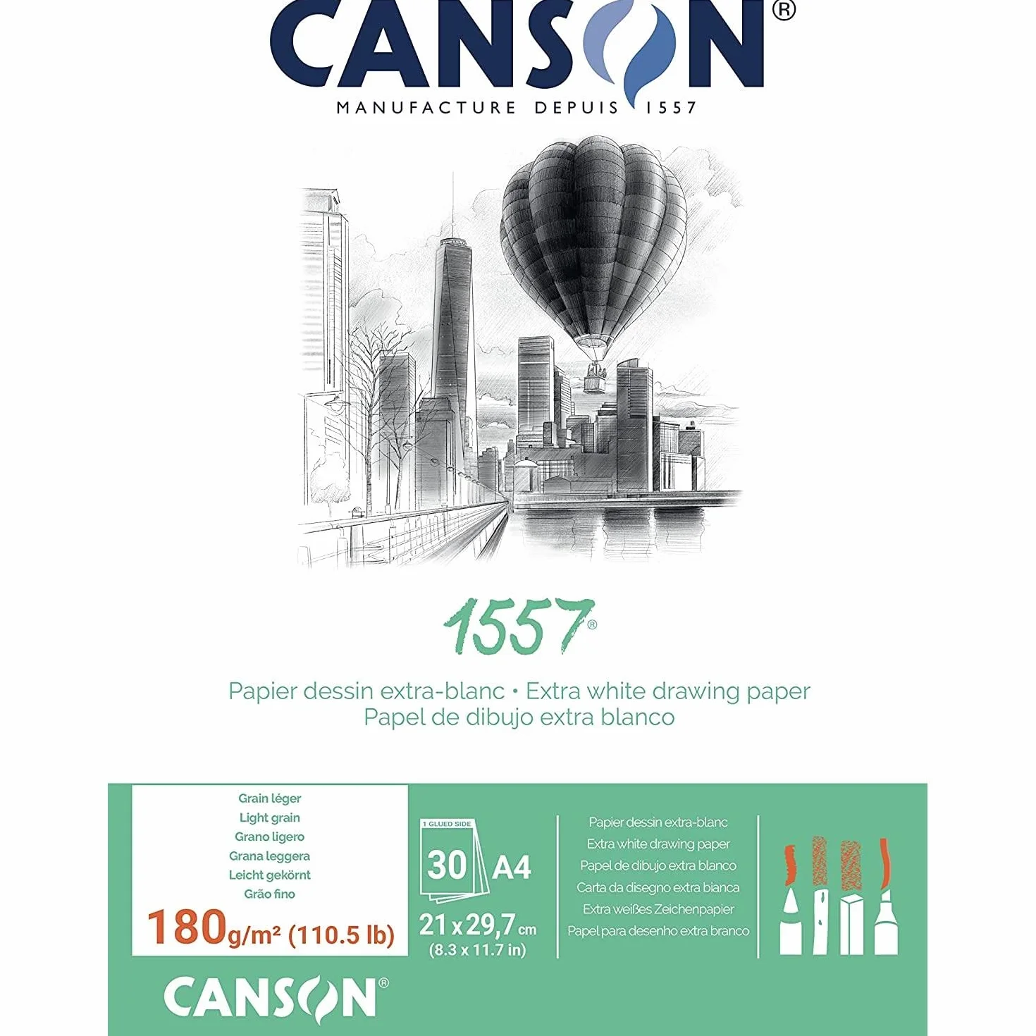 CANSON 1557 Bloc dessin A4 180g/m² 30 feuilles
