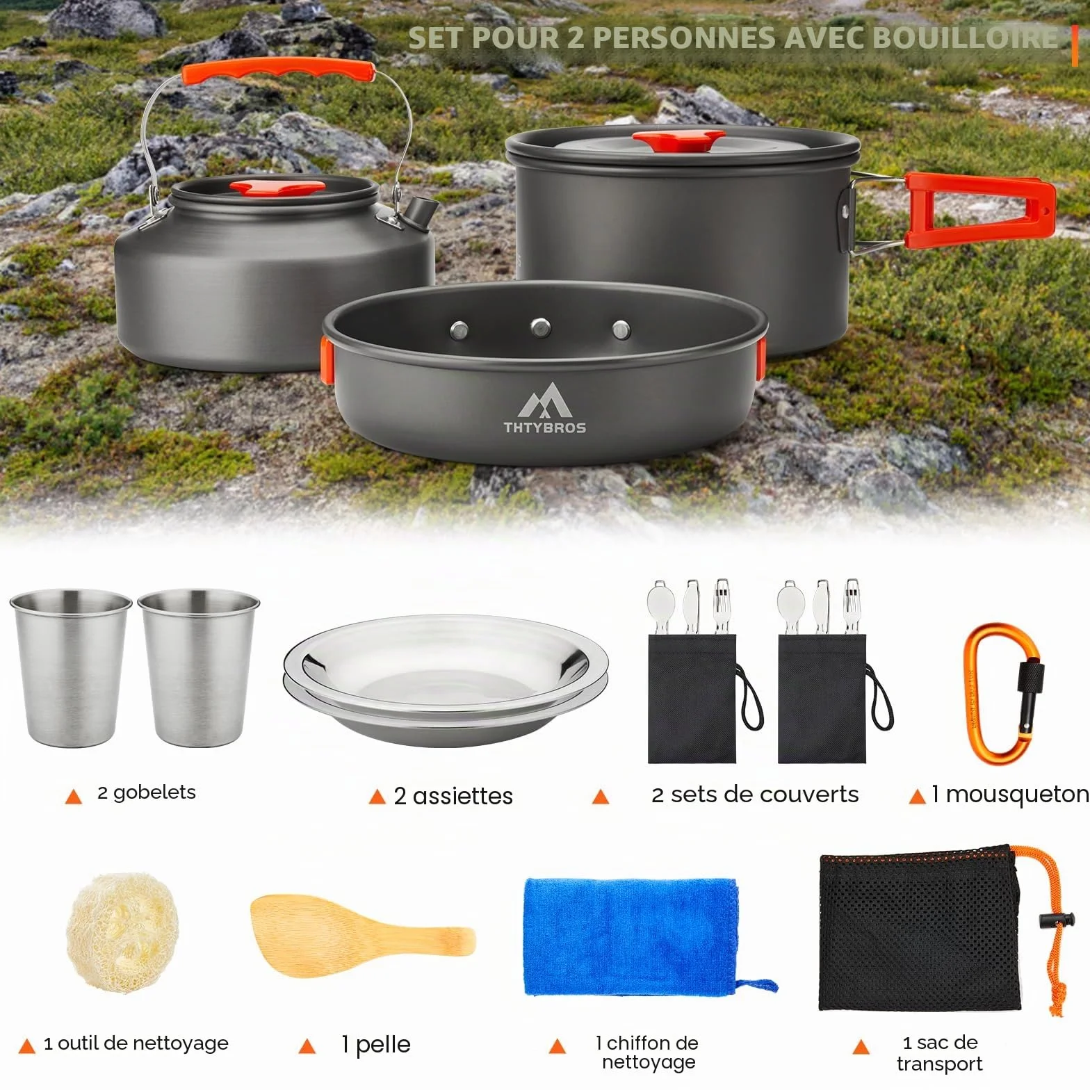 Ensemble de Batterie de Cuisine Camping 17 Pièces, Casserole et Bouilloire en Aluminium Anodisé Dur avec 2 Tasses, 2 Assiettes et Couverts en Acier Inoxydable pour Randonnée, Trek et Pique-nique