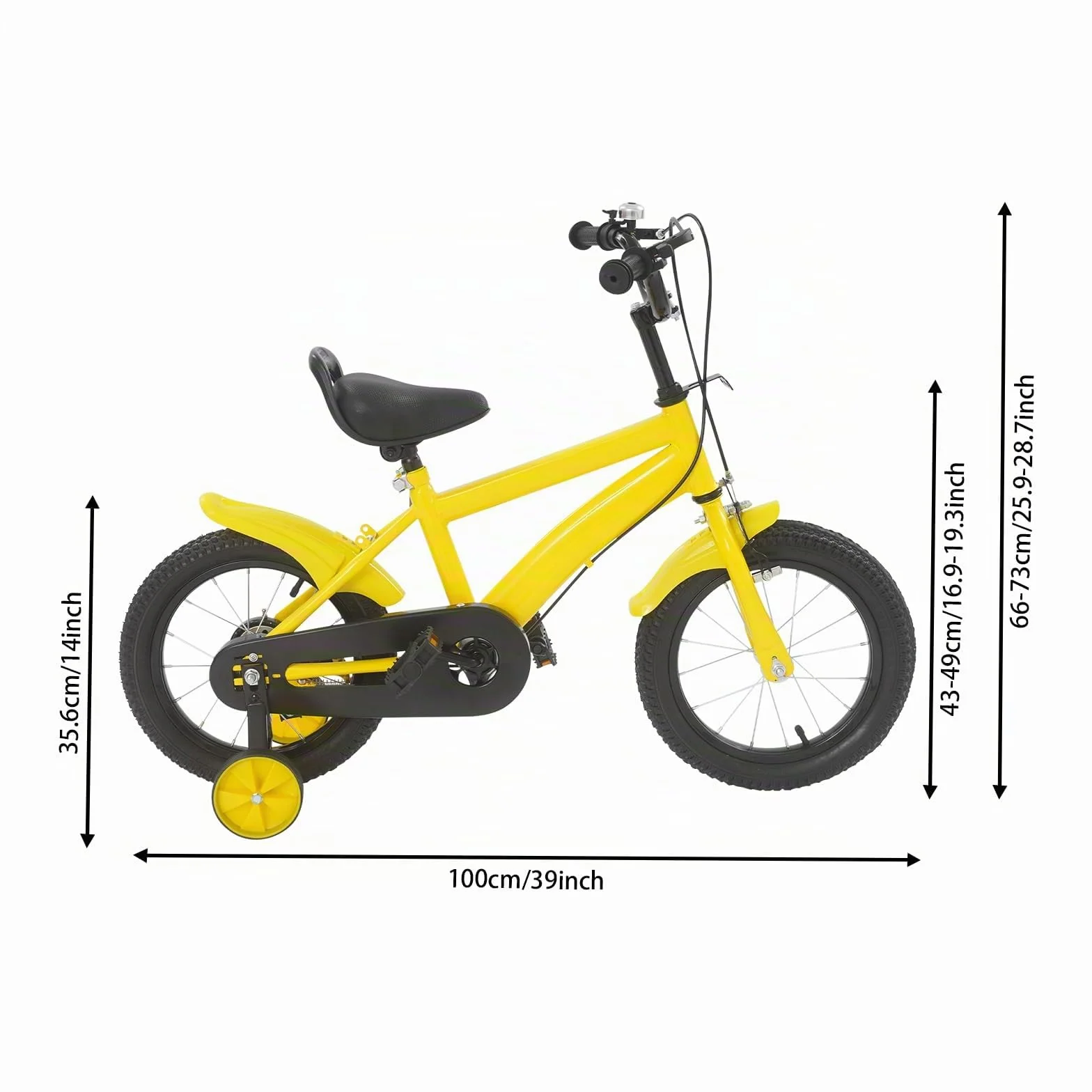 Vélo pour enfant 14 pouces, avec stabilisateurs, vélo pour garçon et fille, guidon et selle réglables en hauteur, cadre léger en acier au carbone, double système de freinage, garde-boue