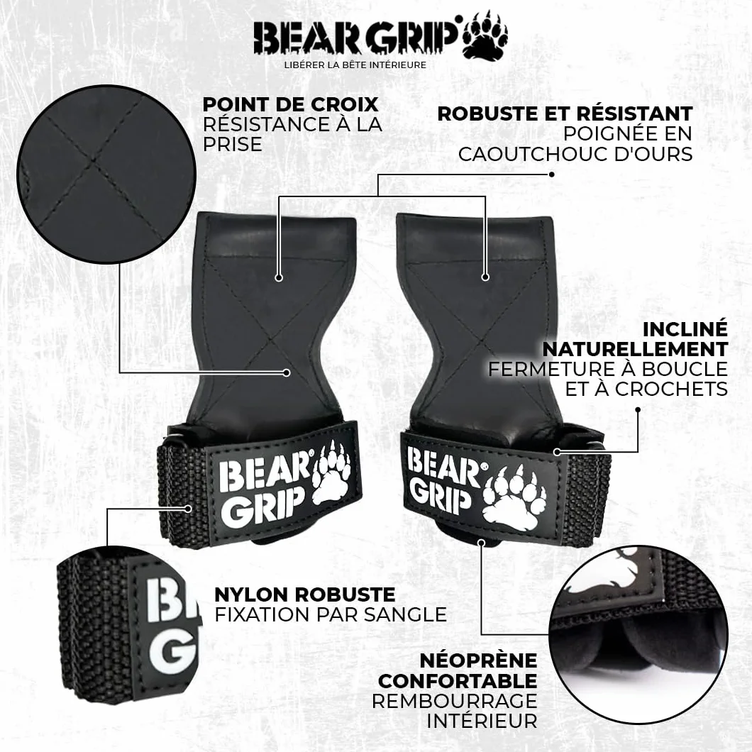 BEAR GRIP Gants de Musculation Haut de Gamme à Sangles et Crochets, Ultra-résistants, pour haltérophilie, soulevé de Terre et Force athlétique