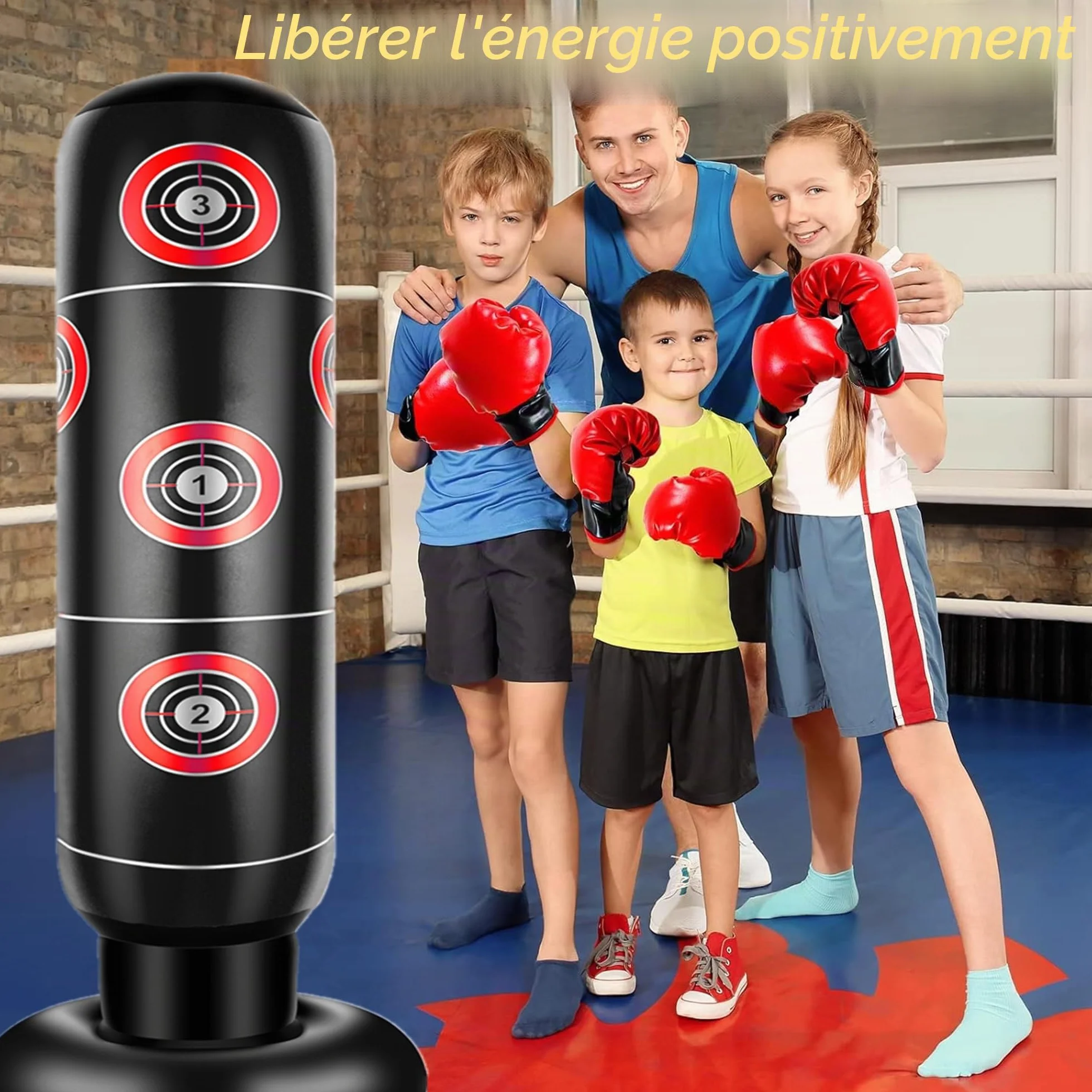 Sac de Frappe pour Enfants avec Gants De Boxe 160cm Sac De Boxe Gonflable pour Enfant Cadeaux pour GarçOns Et Filles de 3 à 12 Ans pour Pratiquer Karaté Taekwondo MMA