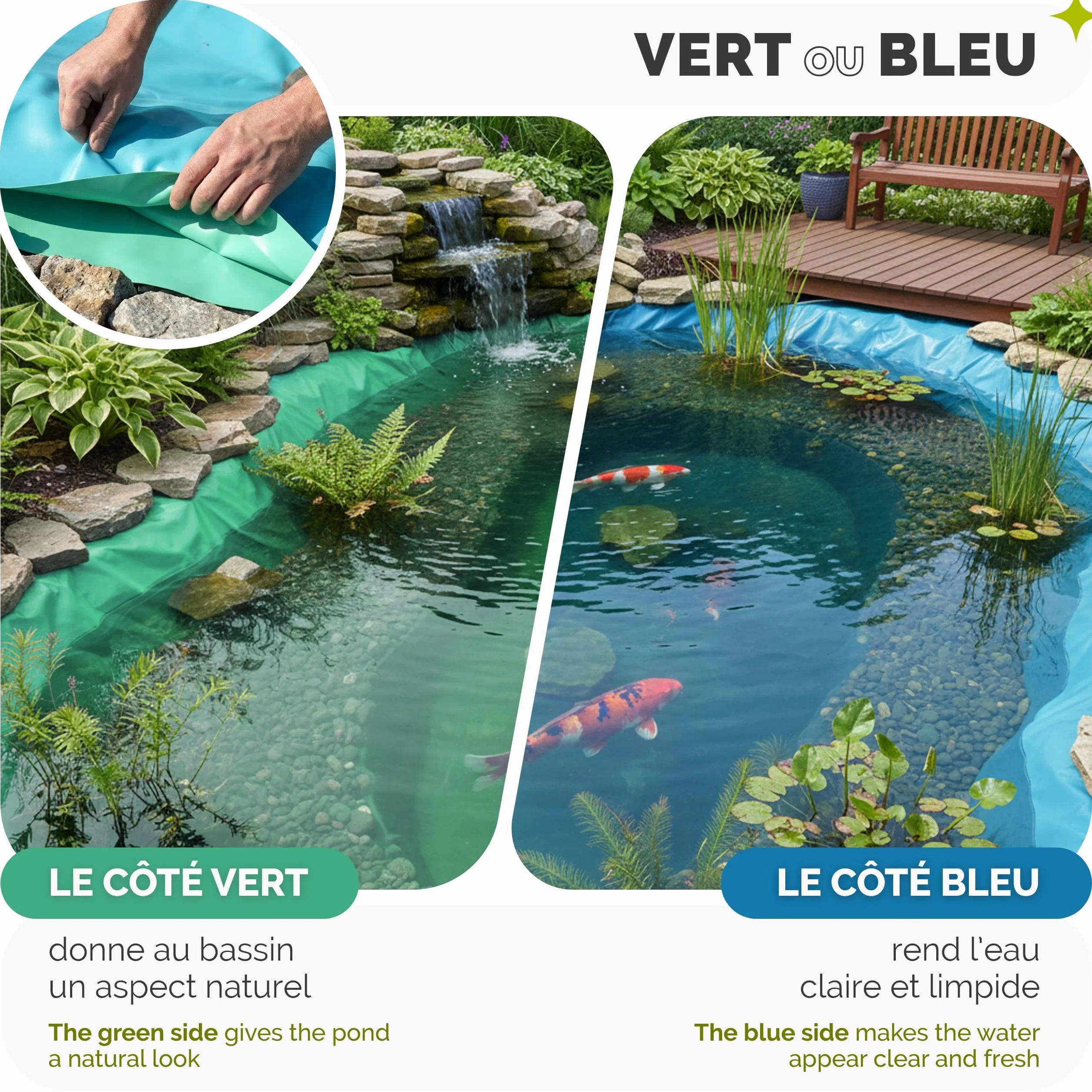 Bâche pour Bassin Extérieur 6x5m (30m²) Liner Étanche PE 0,5mm Résistant UV 3 Couches Bleu-Vert