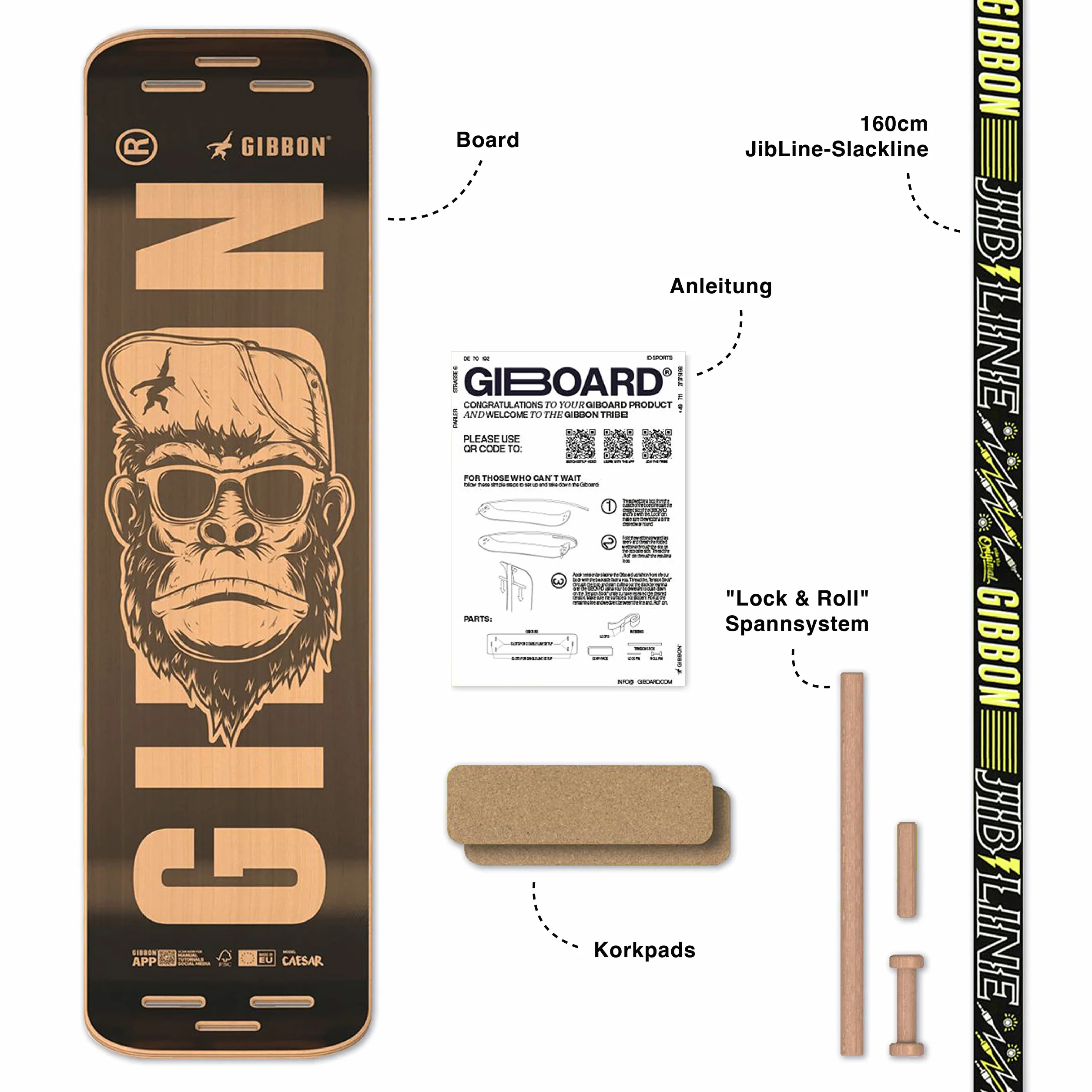 Gibbon GIBOARD Kit Ceasar - Planche d'équilibre Freestyle & Workout | Longueur 106 cm | JibLine Slackline | Système de verrouillage & roll | Coussinets en liège | Intérieur et extérieur | Bois