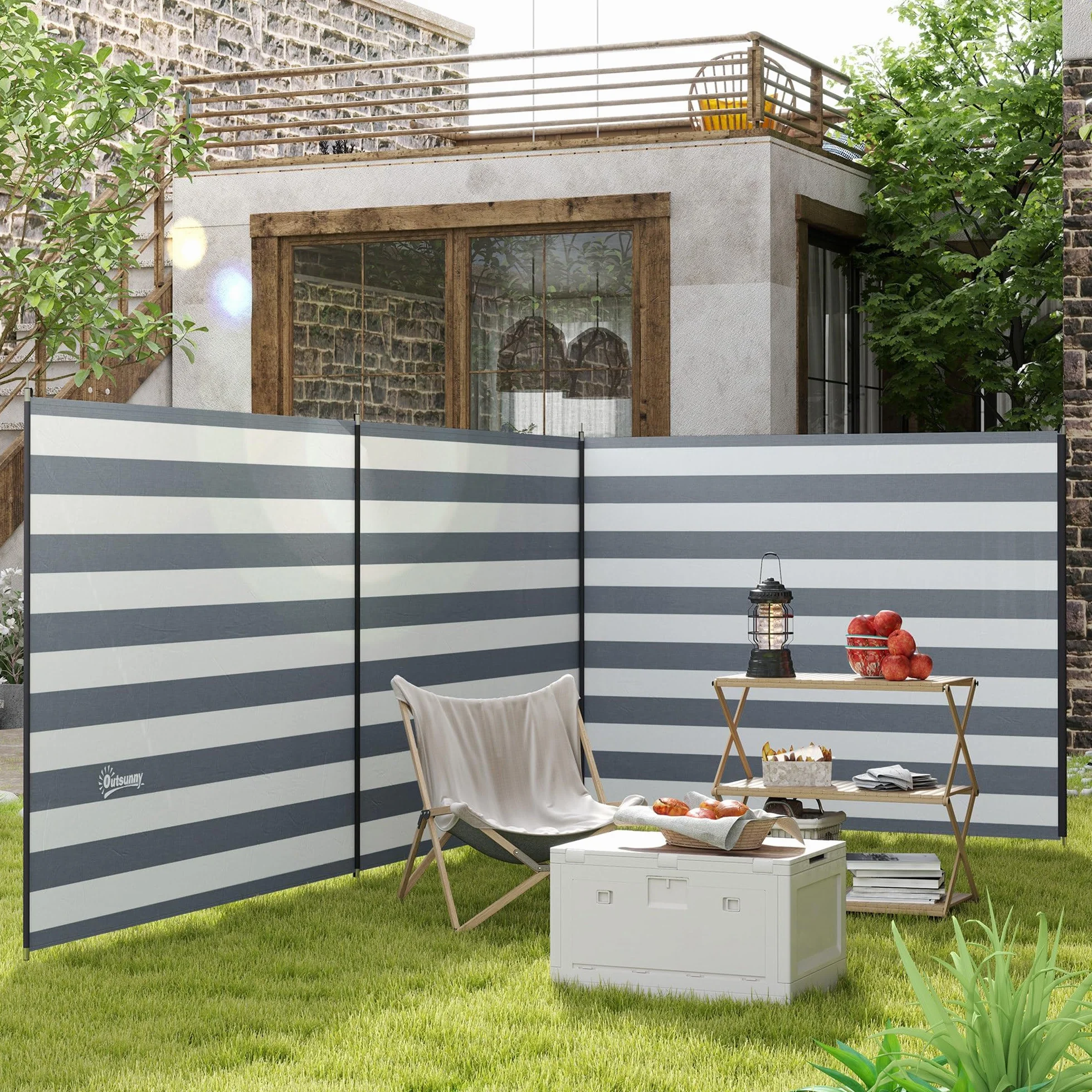 Outsunny Paravent Brise-Vent de Camping Portable Pliable avec Sac de Transport et poteaux en Acier dim. 540 cm x 150 cm Gris et Blanc