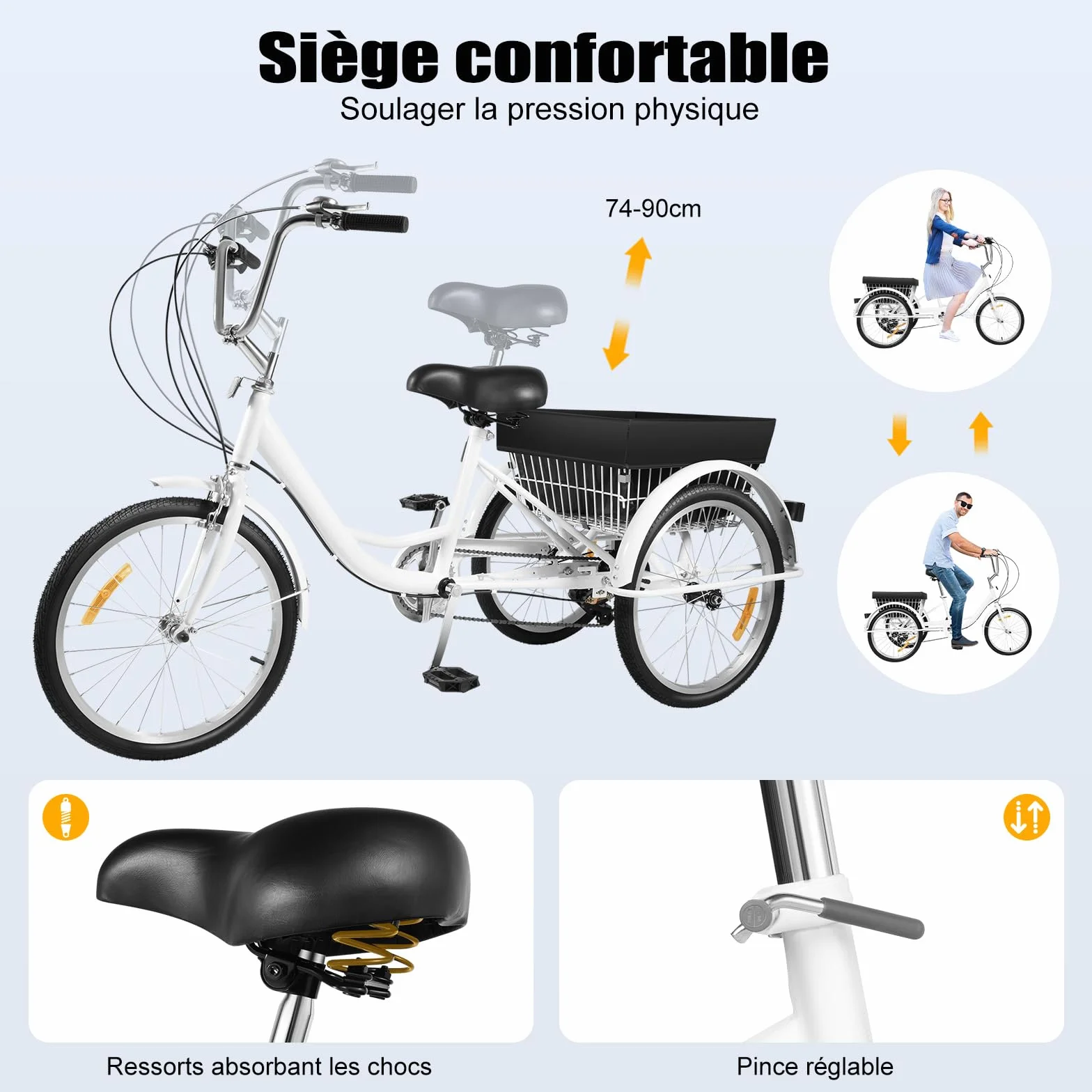 Tricycle de 20 pouces pour adultes, 3 roues 8 vitesses avec panier pliable, tricycle réglable pour seniors, croisière, vélo de ville