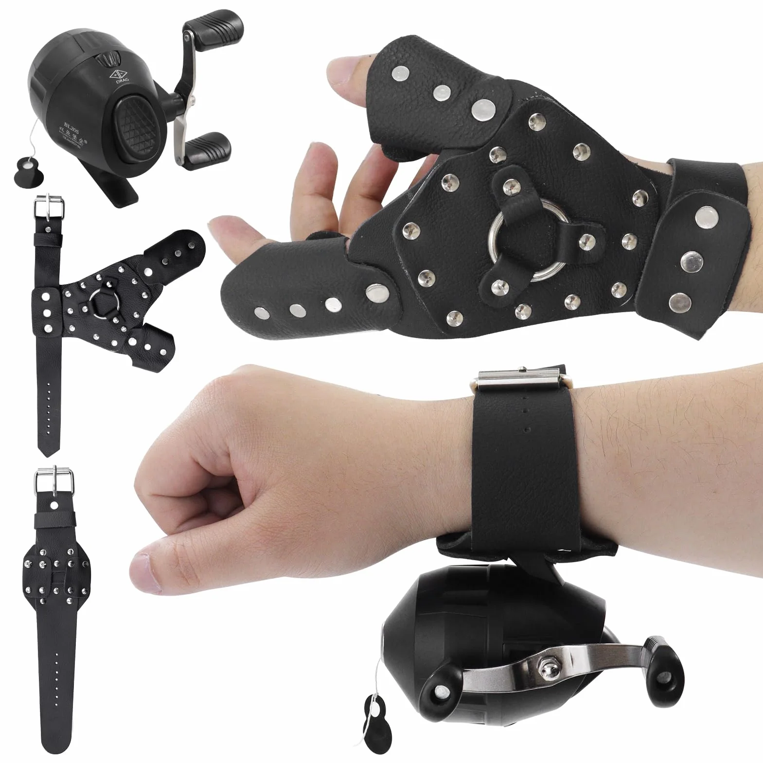 Kit de Moulinet de pêche avec Bracelet et protège-Main pour Lance-Pierre - Moulinet de fléchettes en Cuir pour Le tir