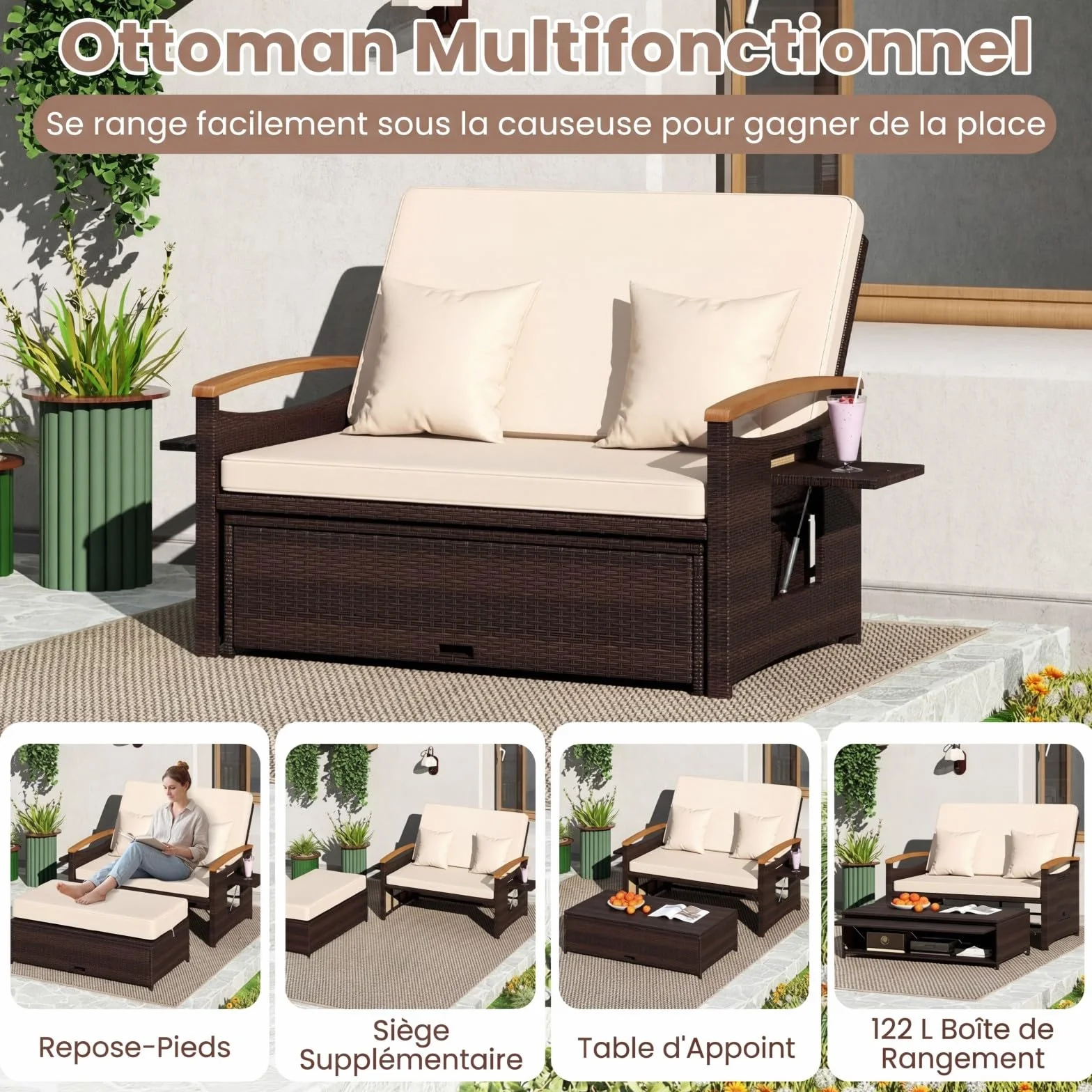 COSTWAY Salon de Jardin en Rotin avec Ottoman de Rangement, Charge 360KG, Bain de Soleil Plateau Latéral Rétractable Dossier Réglable Coussins 4 Positions, Canapé 2 Places Beige